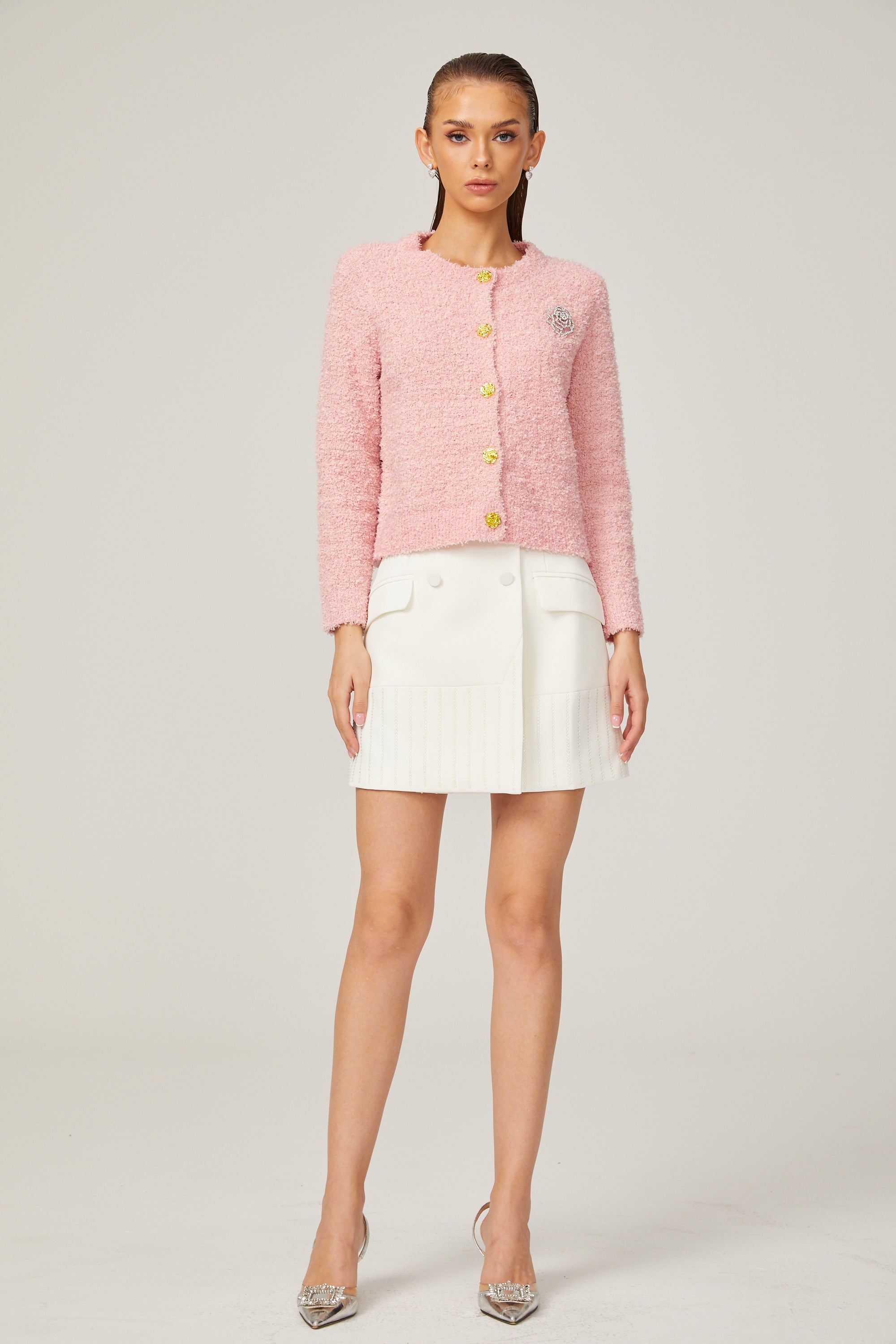 Carole pink long-sleeve bouclé jacket