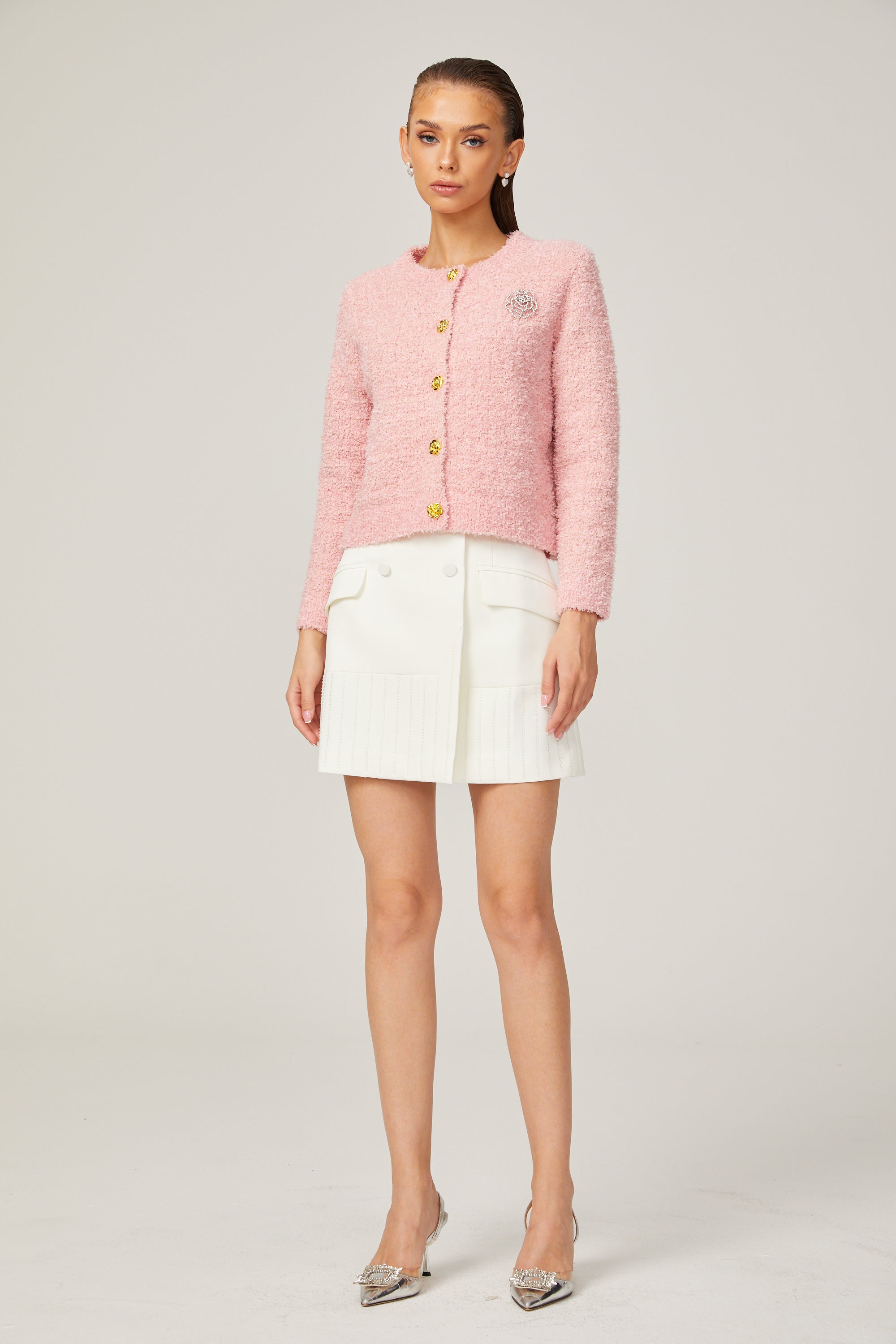 Carole pink long-sleeve bouclé jacket