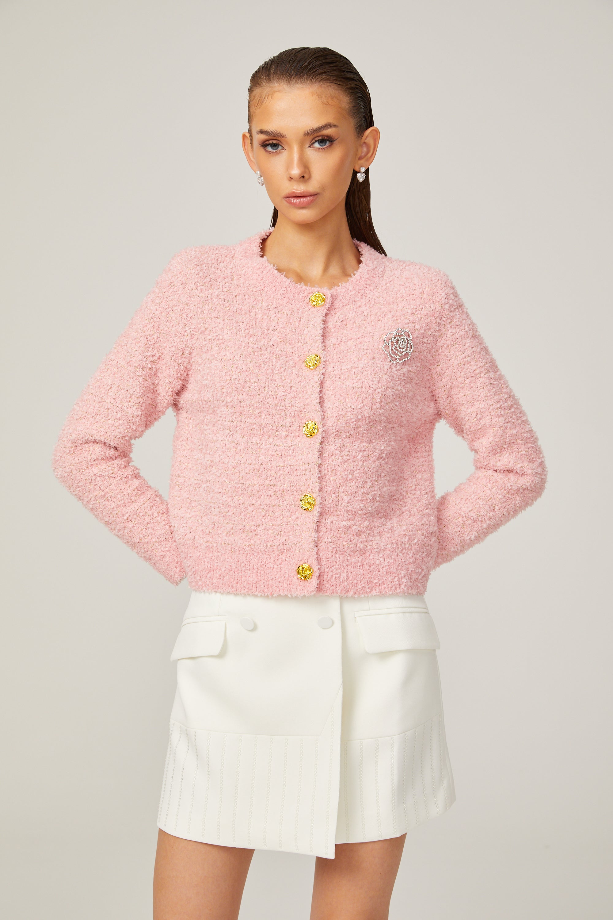 Carole rosa Bouclé-Jacke mit langen Ärmeln