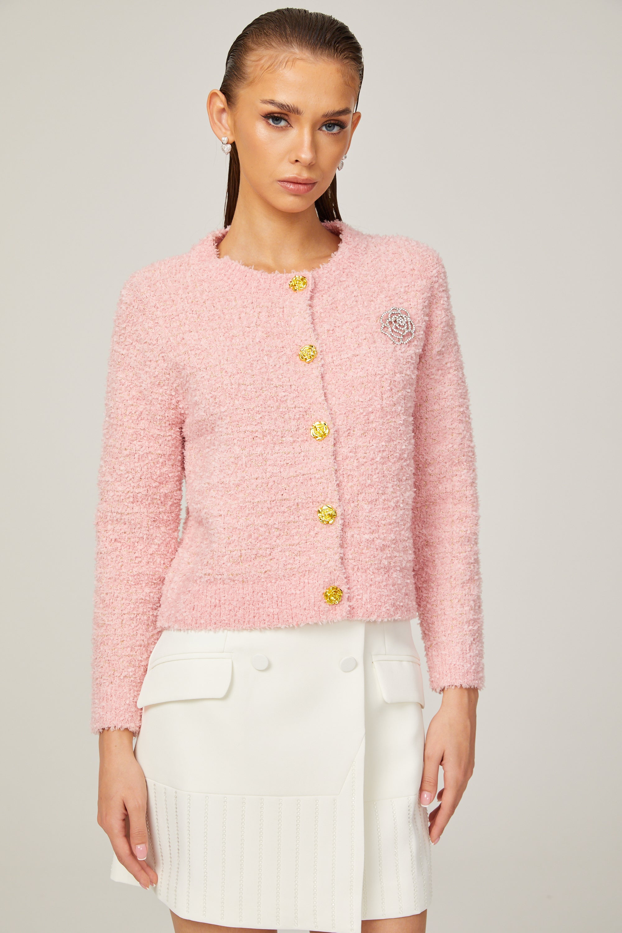 Carole pink long-sleeve bouclé jacket