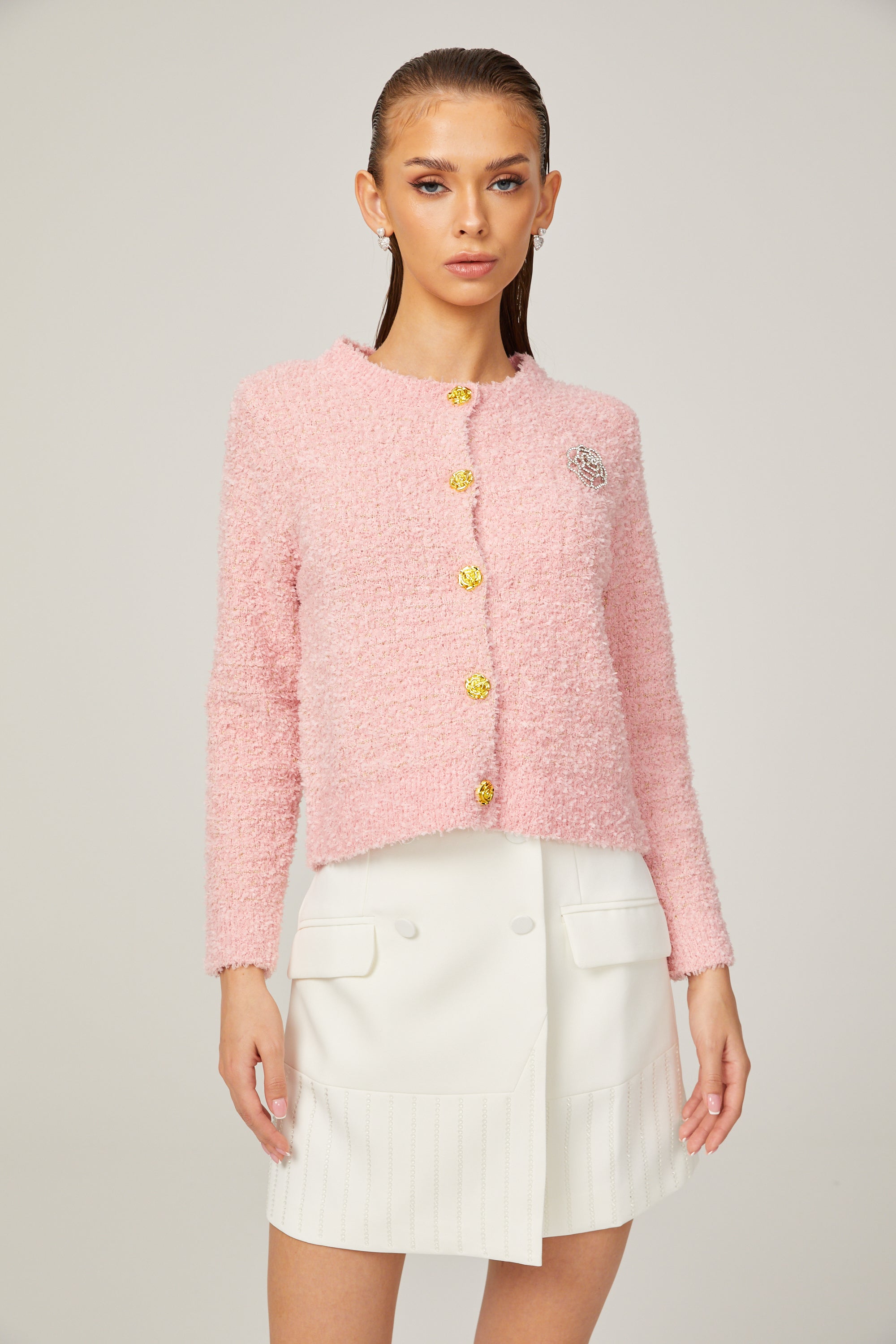 Carole pink long-sleeve bouclé jacket