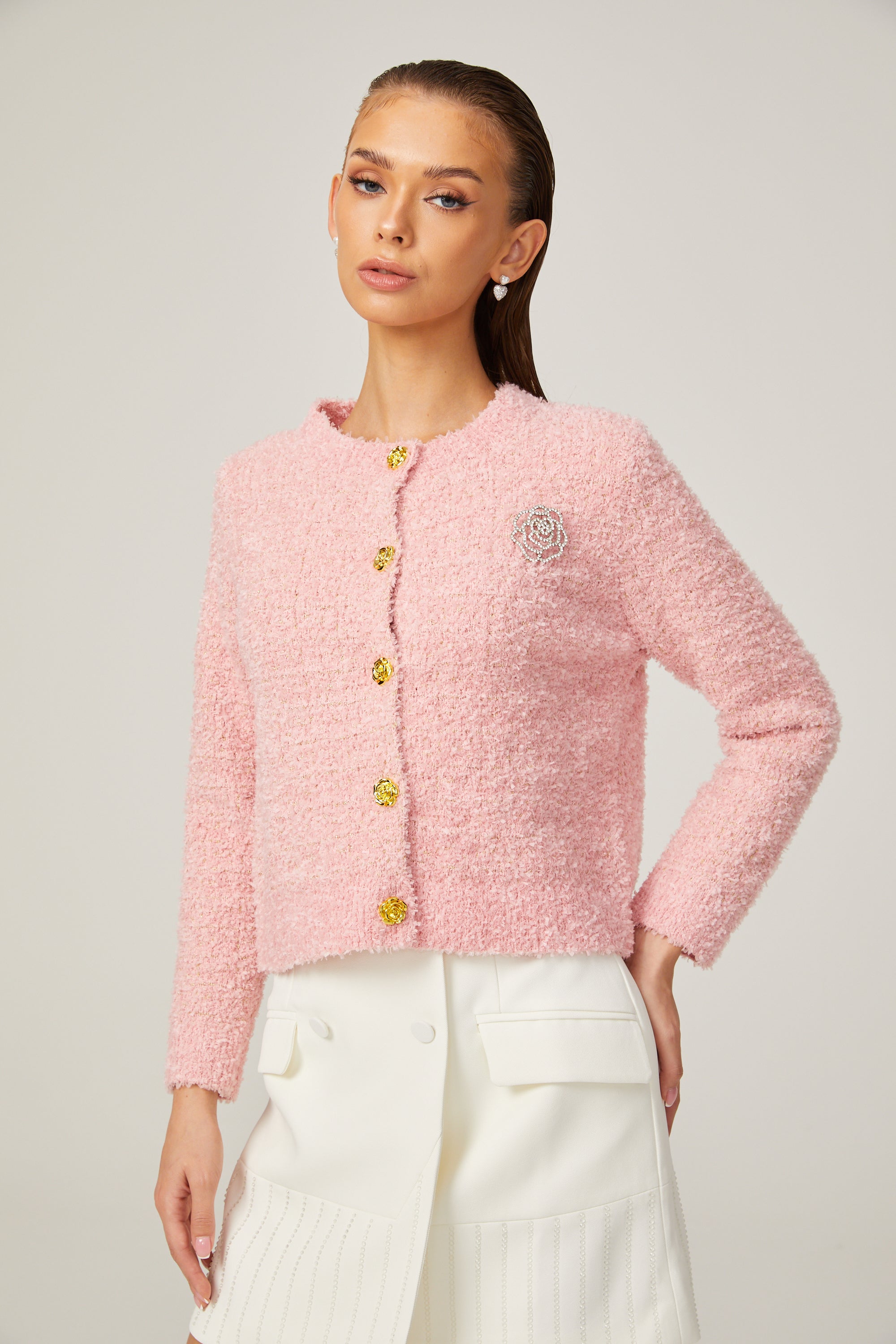 Carole pink long-sleeve bouclé jacket