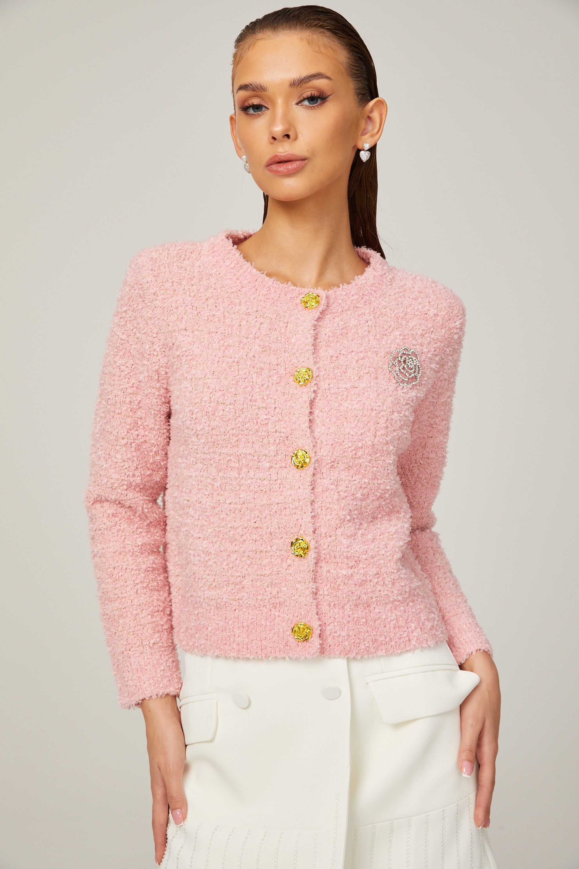 Carole pink long-sleeve bouclé jacket