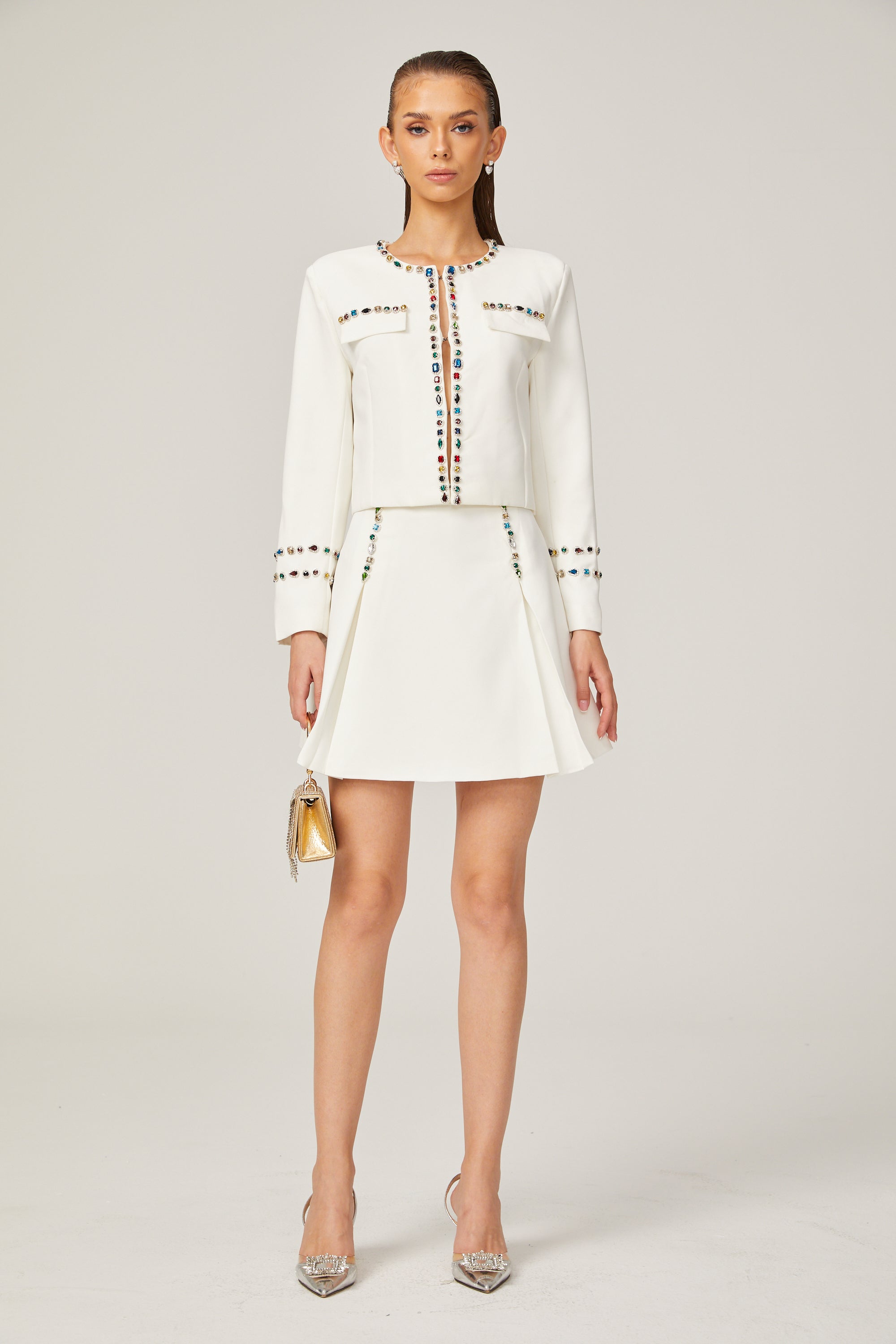 Katia white crystal-embellished trim jacket & skirt matching set