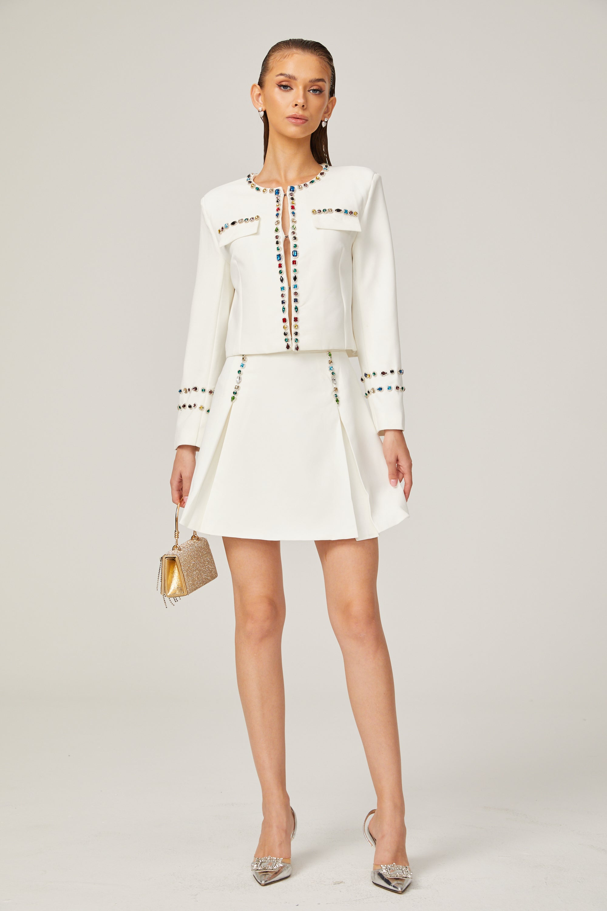 Katia white crystal-embellished trim jacket & skirt matching set