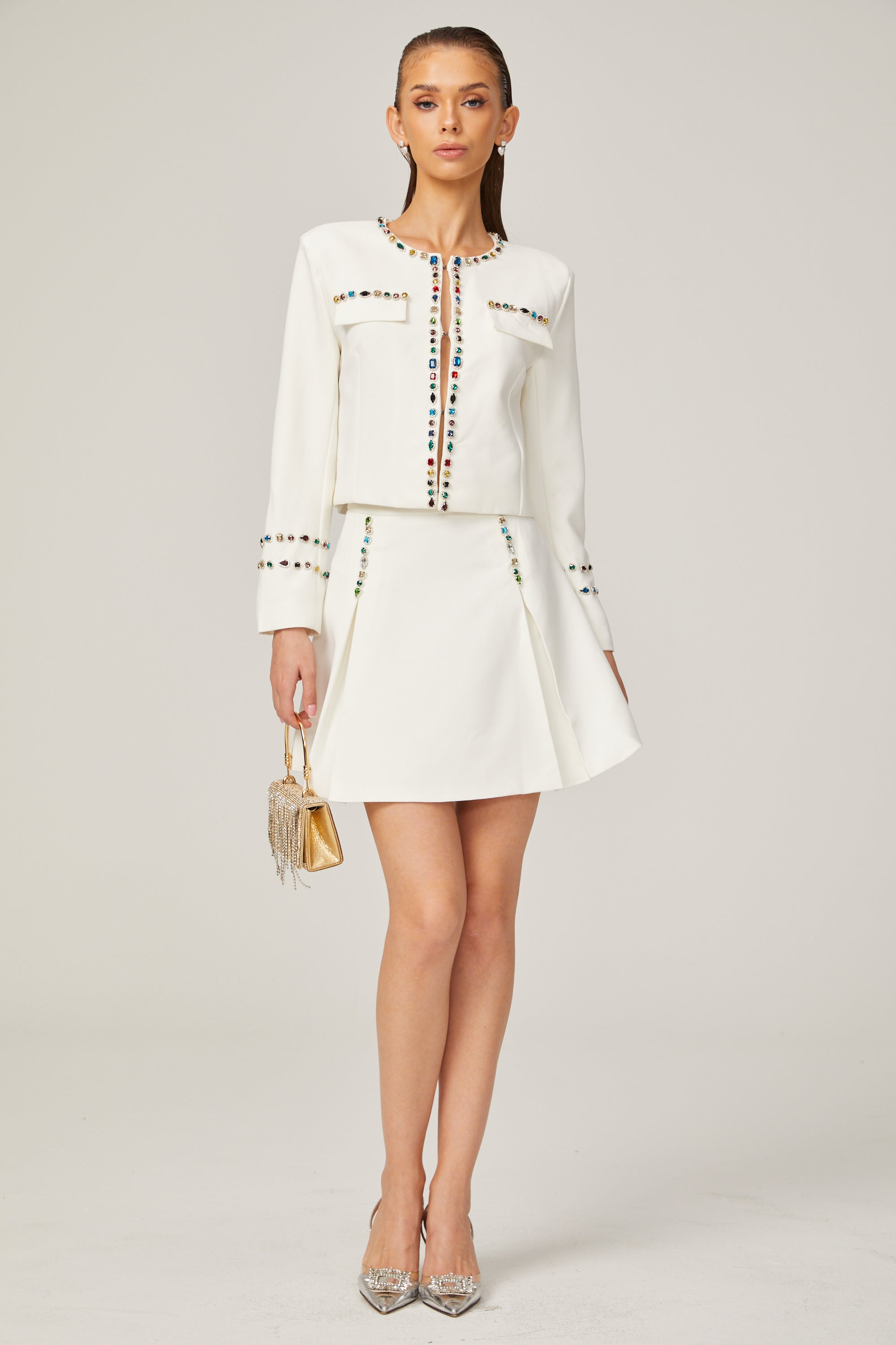 Katia white crystal-embellished trim jacket & skirt matching set