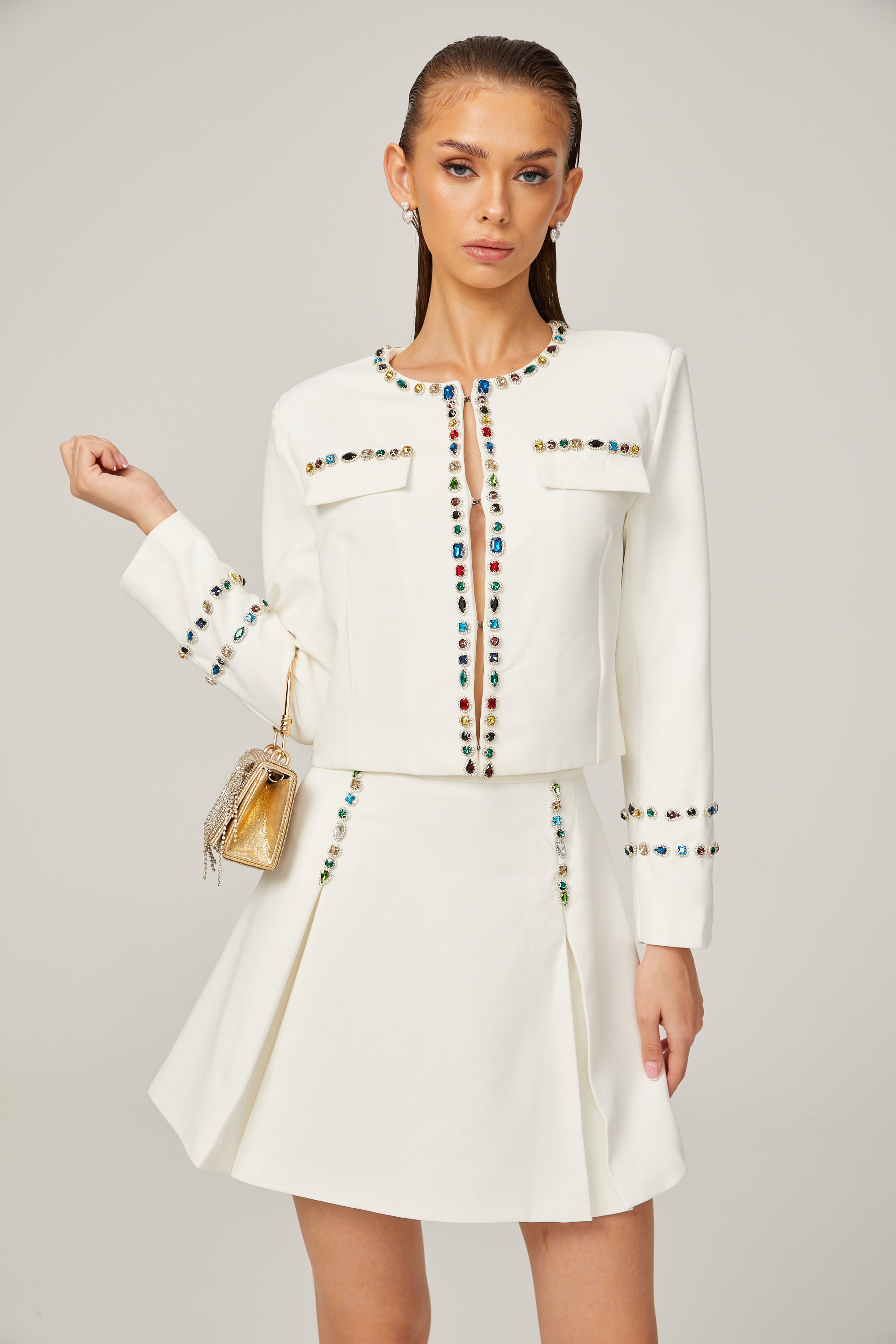 Katia white crystal-embellished trim jacket & skirt matching set