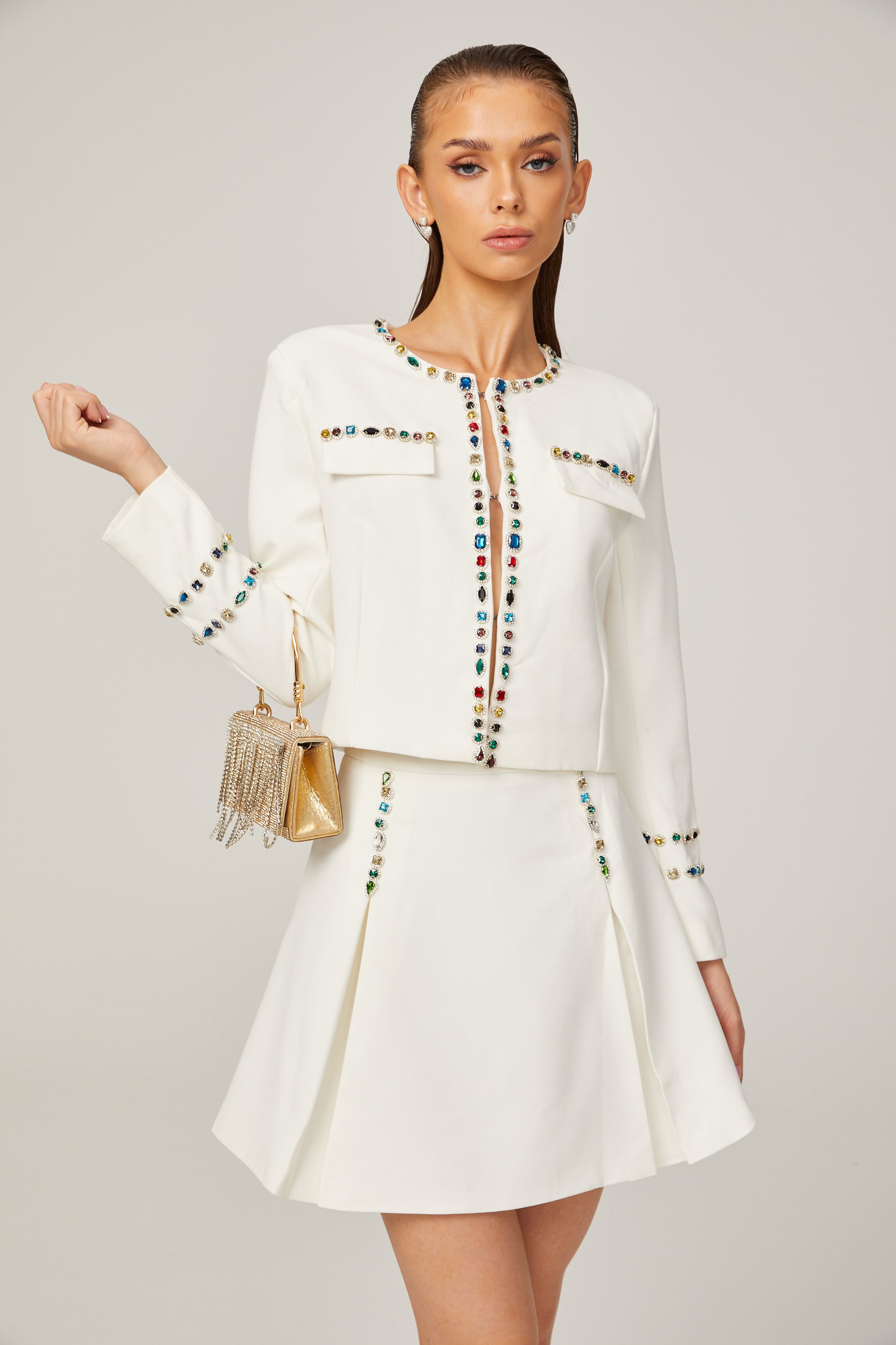 Katia white crystal-embellished trim jacket & skirt matching set