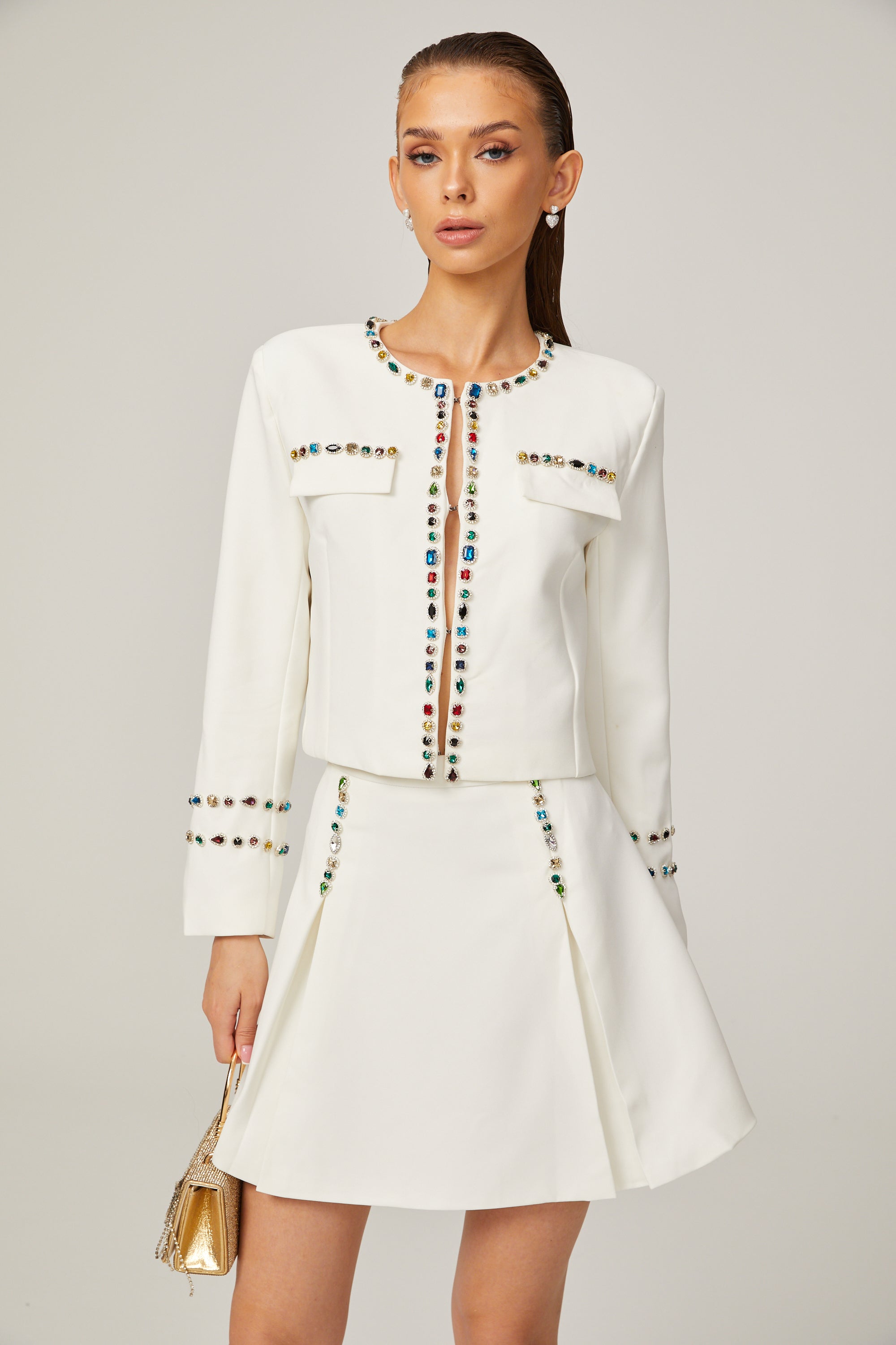 Katia white crystal-embellished trim jacket & skirt matching set