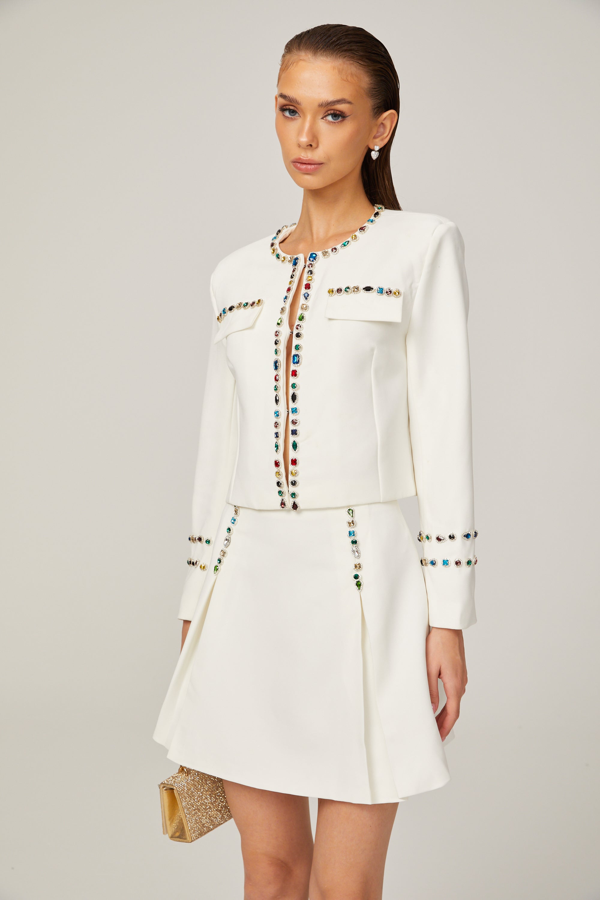 Katia white crystal-embellished trim jacket & skirt matching set