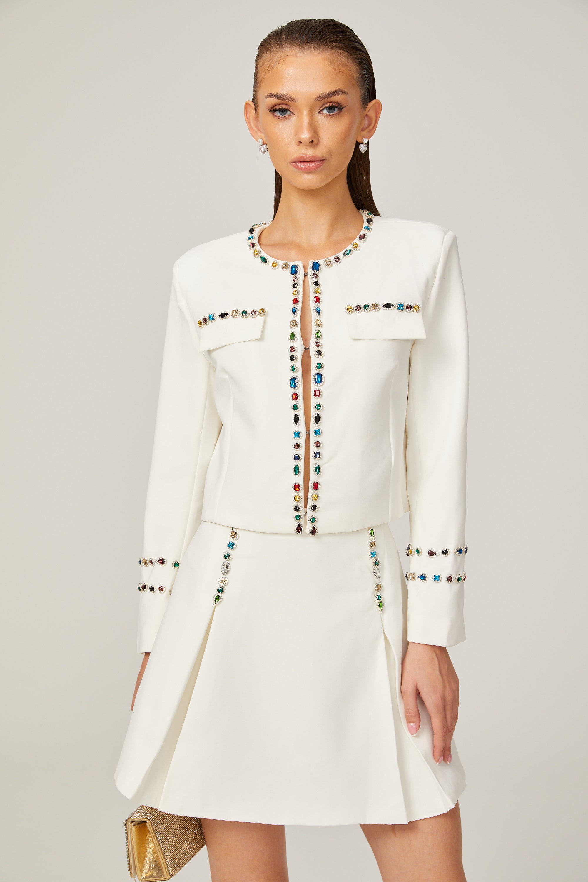 Katia white crystal-embellished trim jacket & skirt matching set