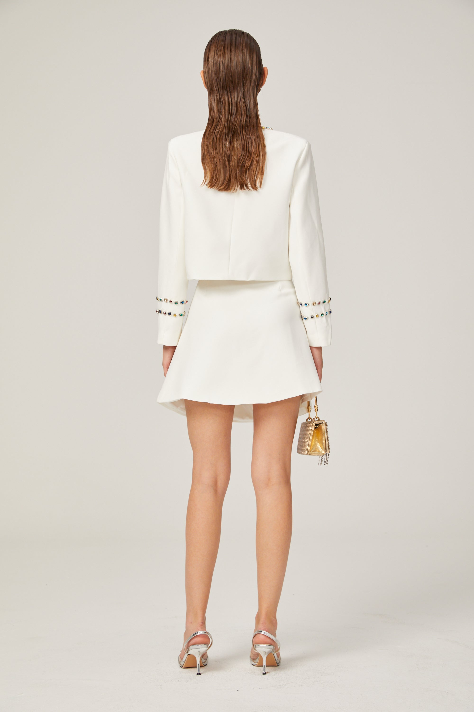 Katia white crystal-embellished trim jacket & skirt matching set