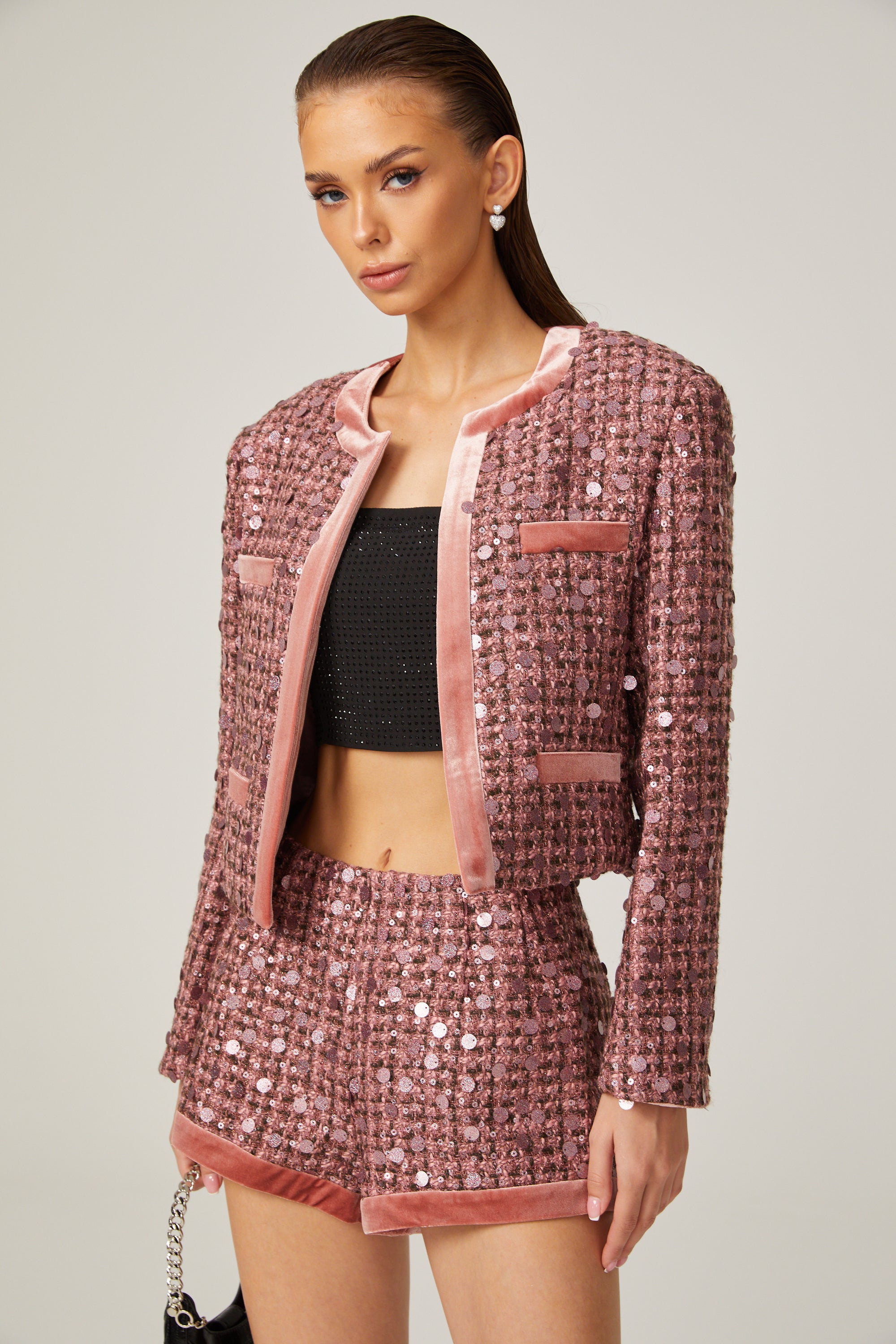 Camille pink sequin-embellished jacket & shorts matching set