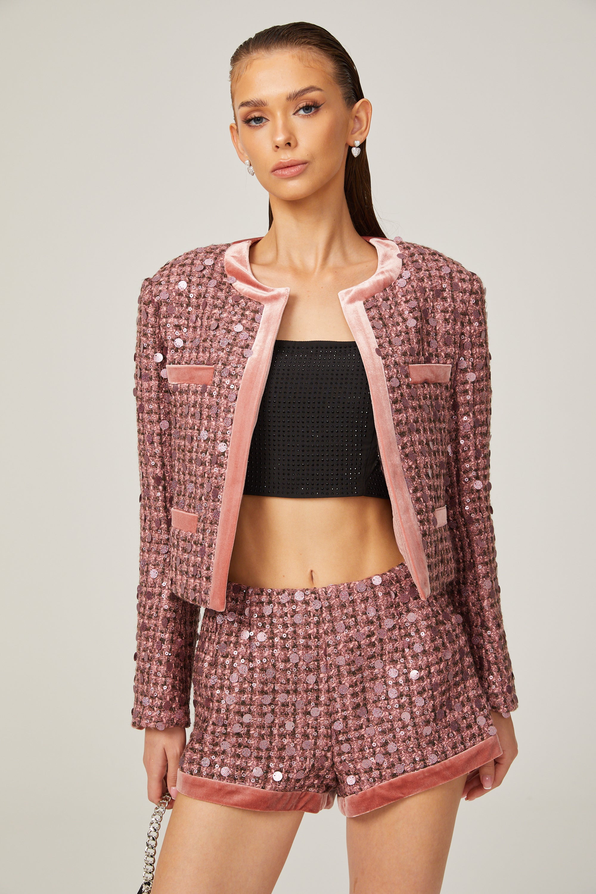 Camille pink sequin-embellished jacket & shorts matching set