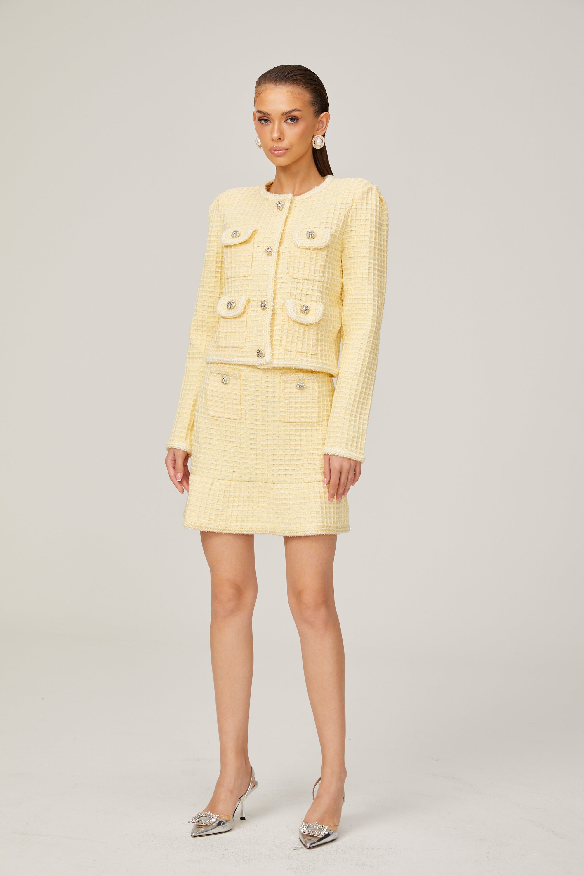 Fabienne yellow waffle-knit jacket & skirt matching set