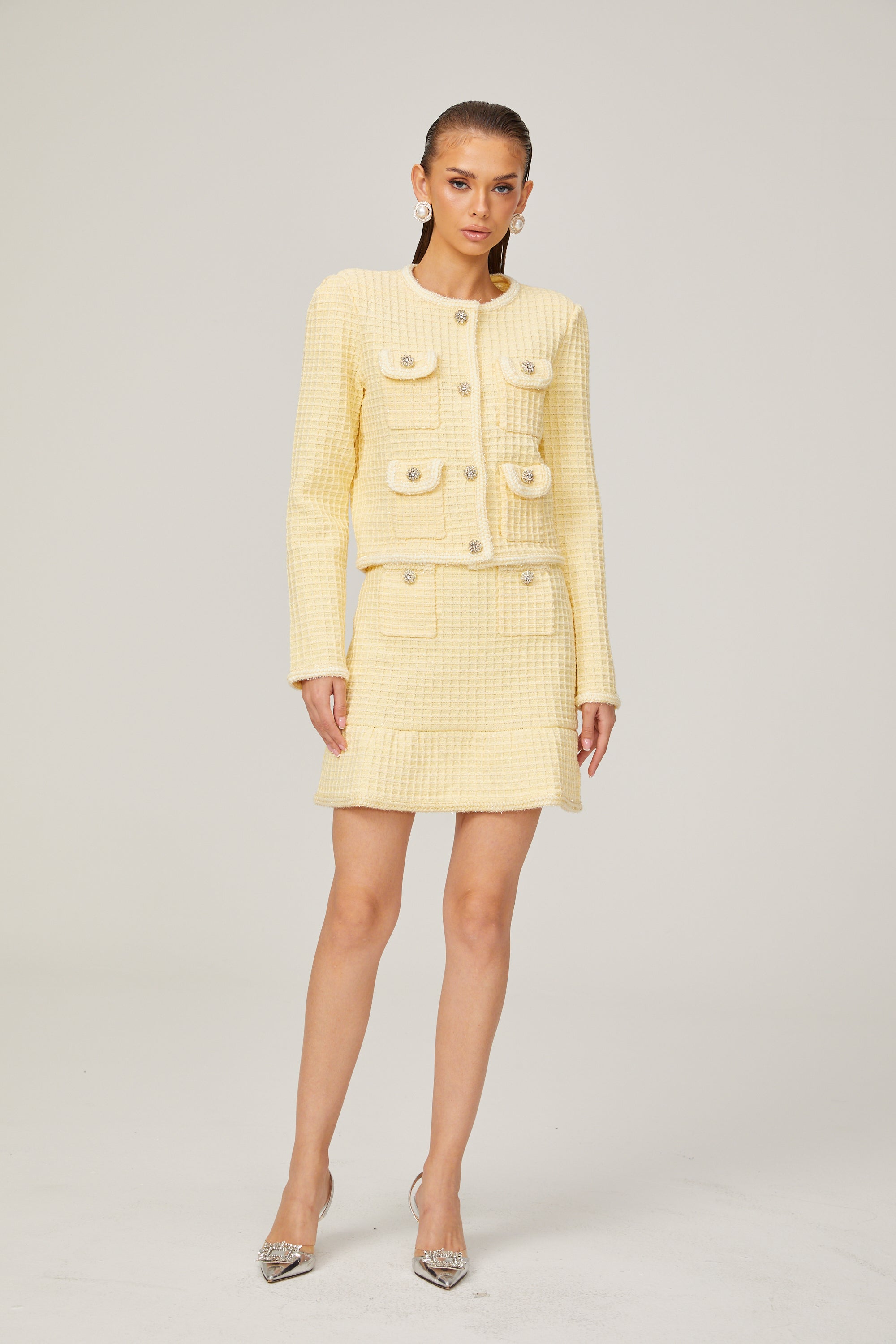 Fabienne yellow waffle-knit jacket & skirt matching set