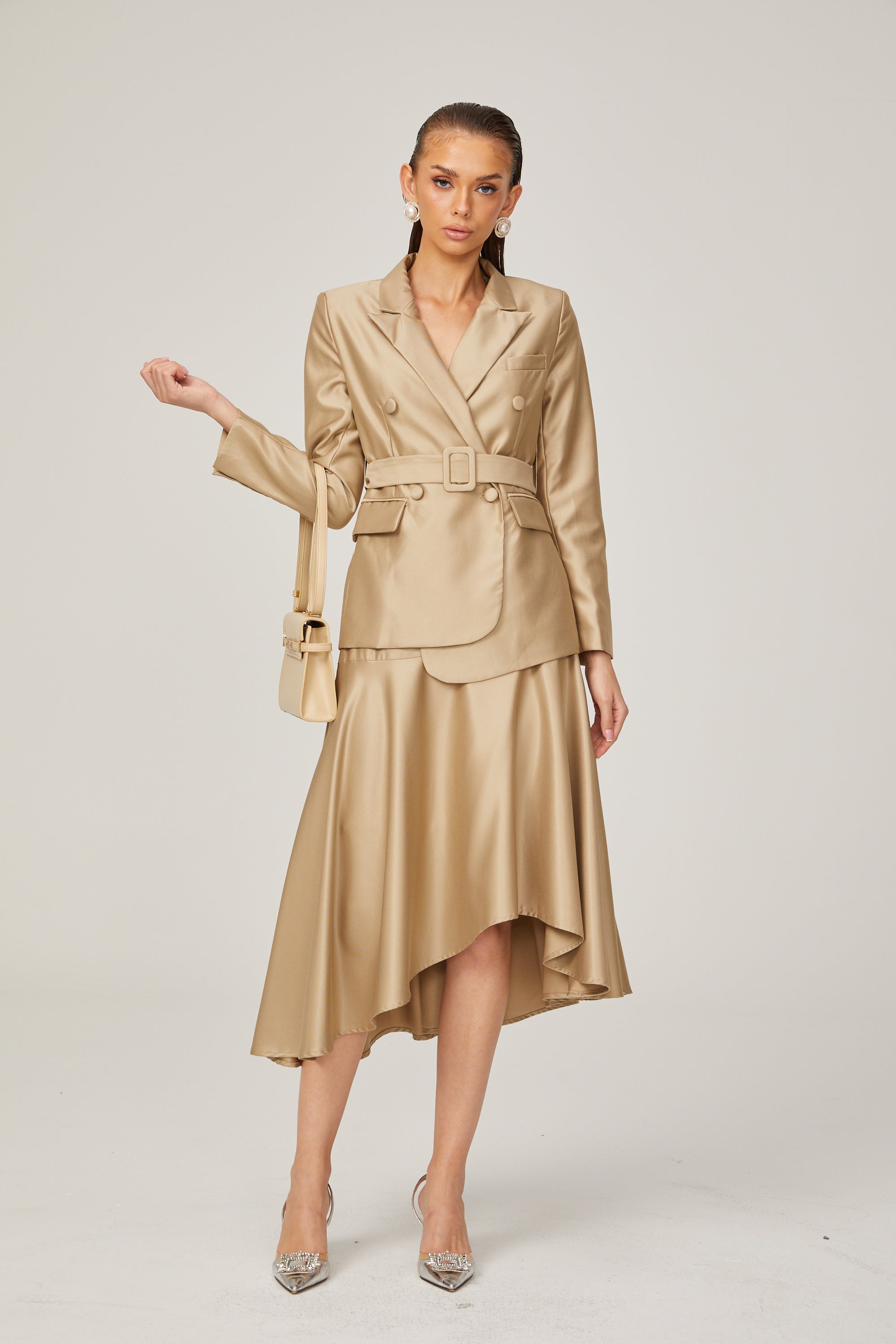 Camille champagne satin-finish blazer & skirt matching set