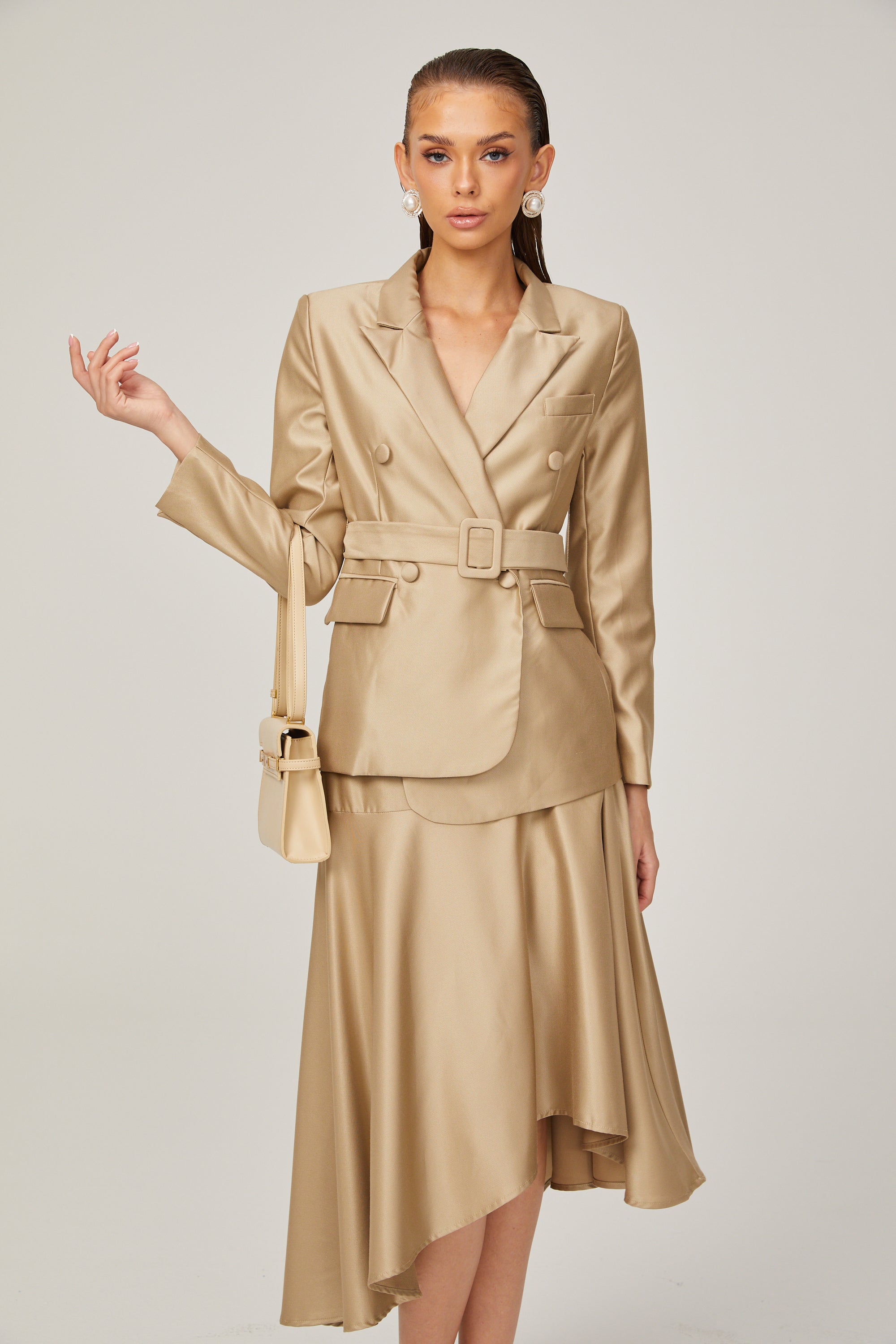 Camille champagne satin-finish blazer & skirt matching set