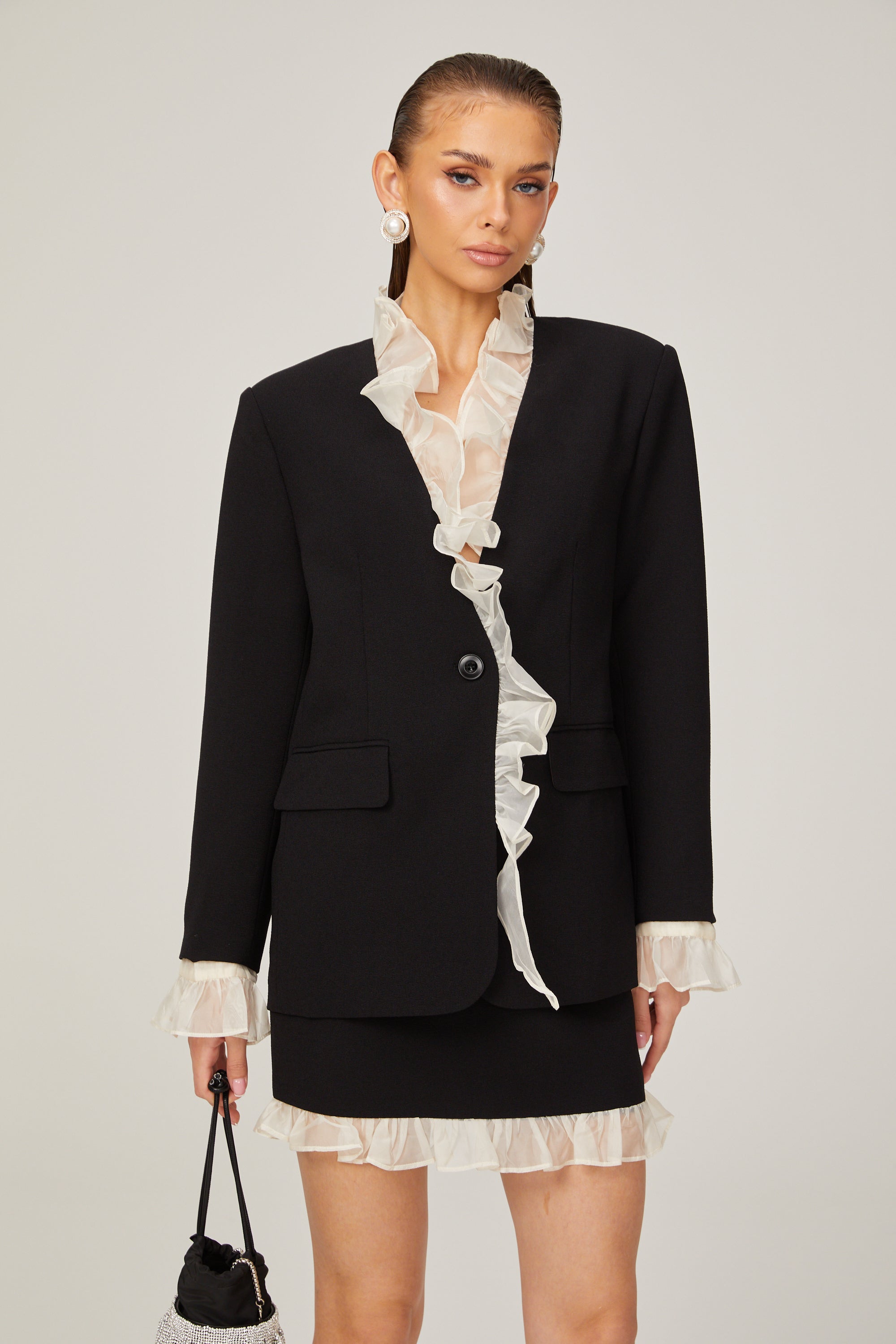 Cyrielle black ruffle-trim jacket & skirt matching set