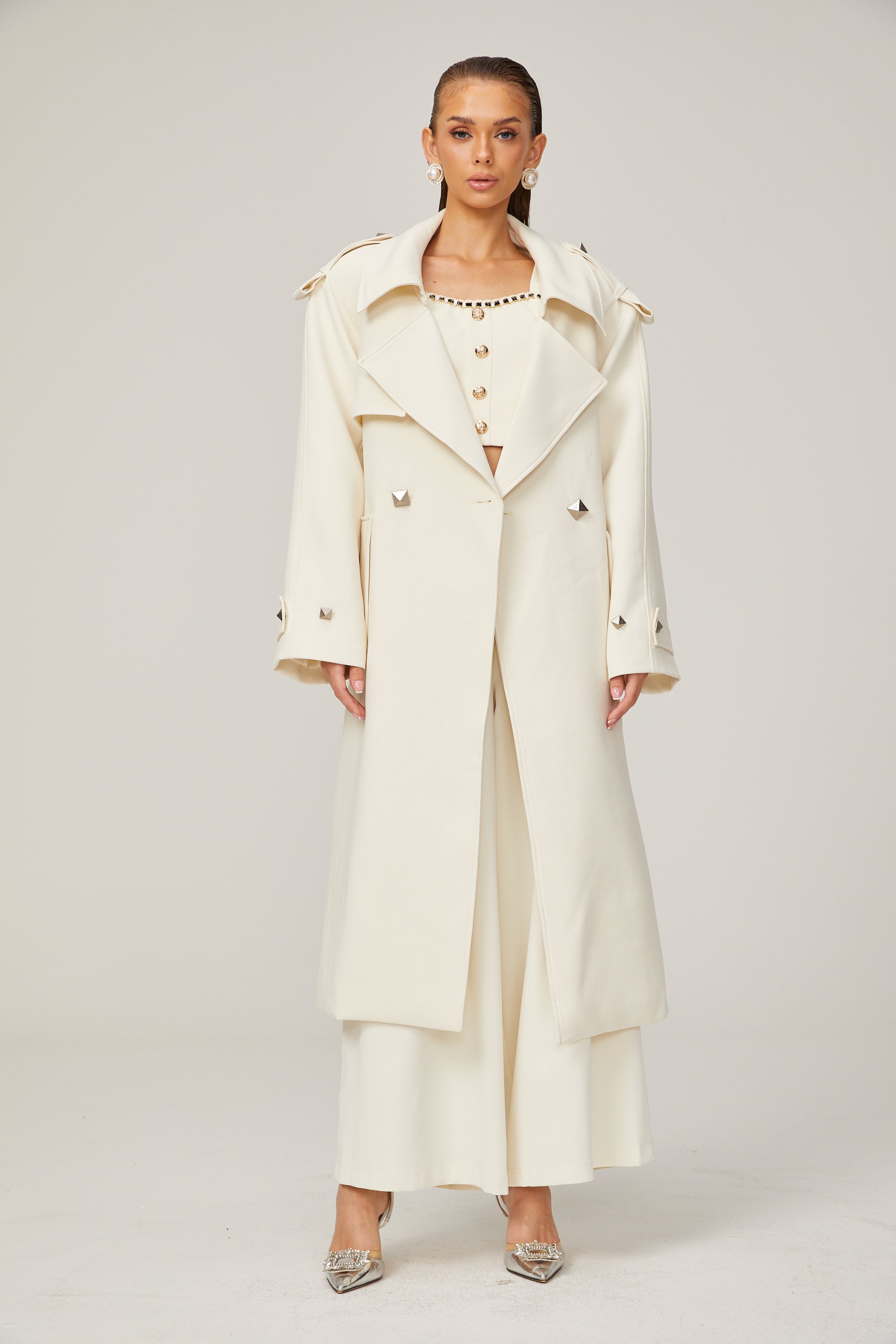 Chris white geometric-button belted trench coat