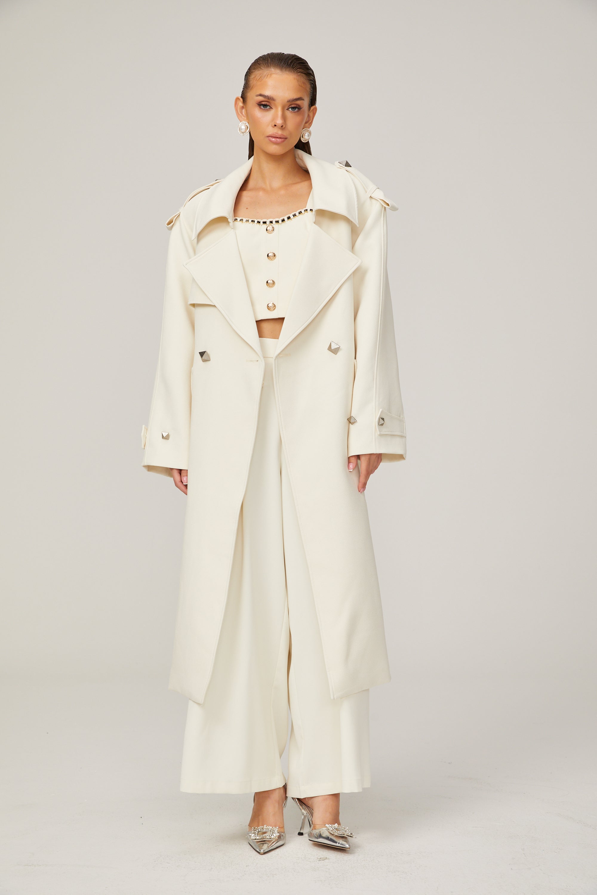 Chris white geometric-button belted trench coat