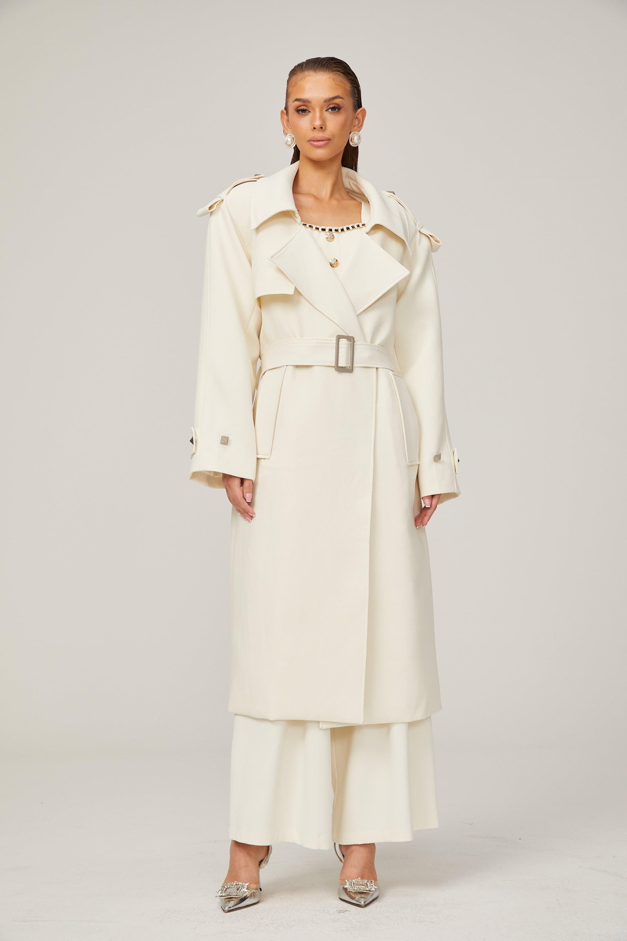 Chris white geometric-button belted trench coat