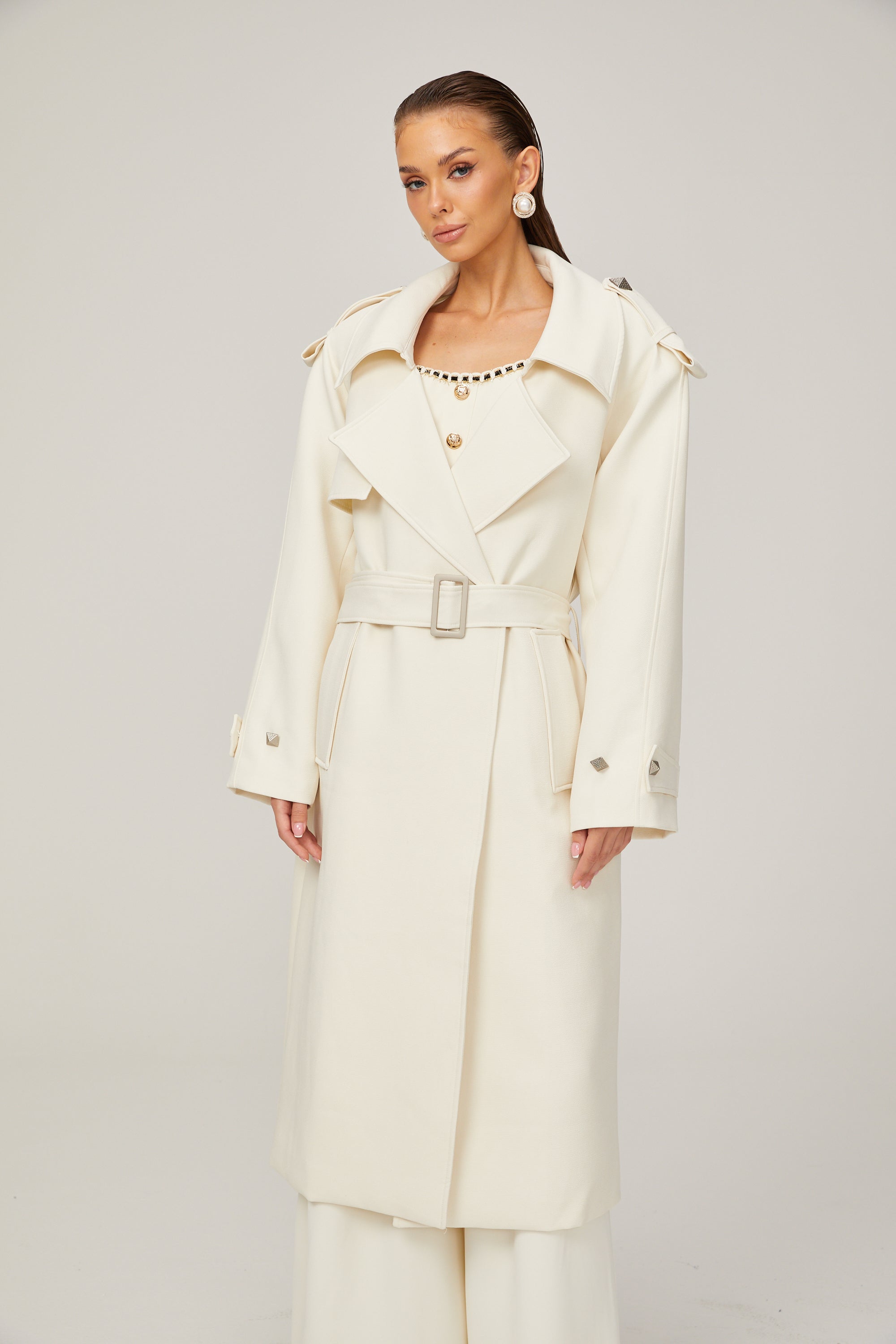 Chris white geometric-button belted trench coat