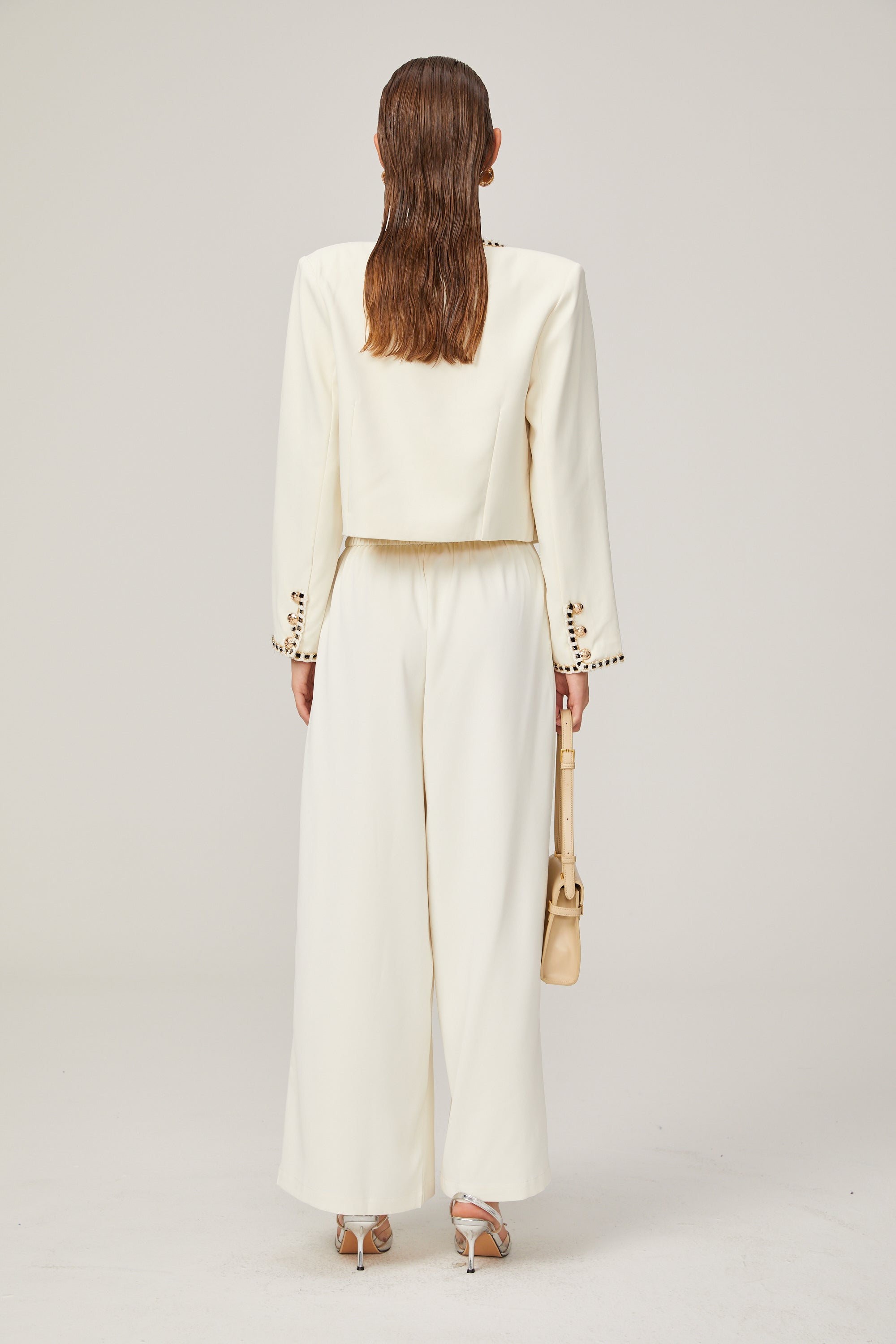 Joy off-white braided-edge jacket & top & trousers matching set