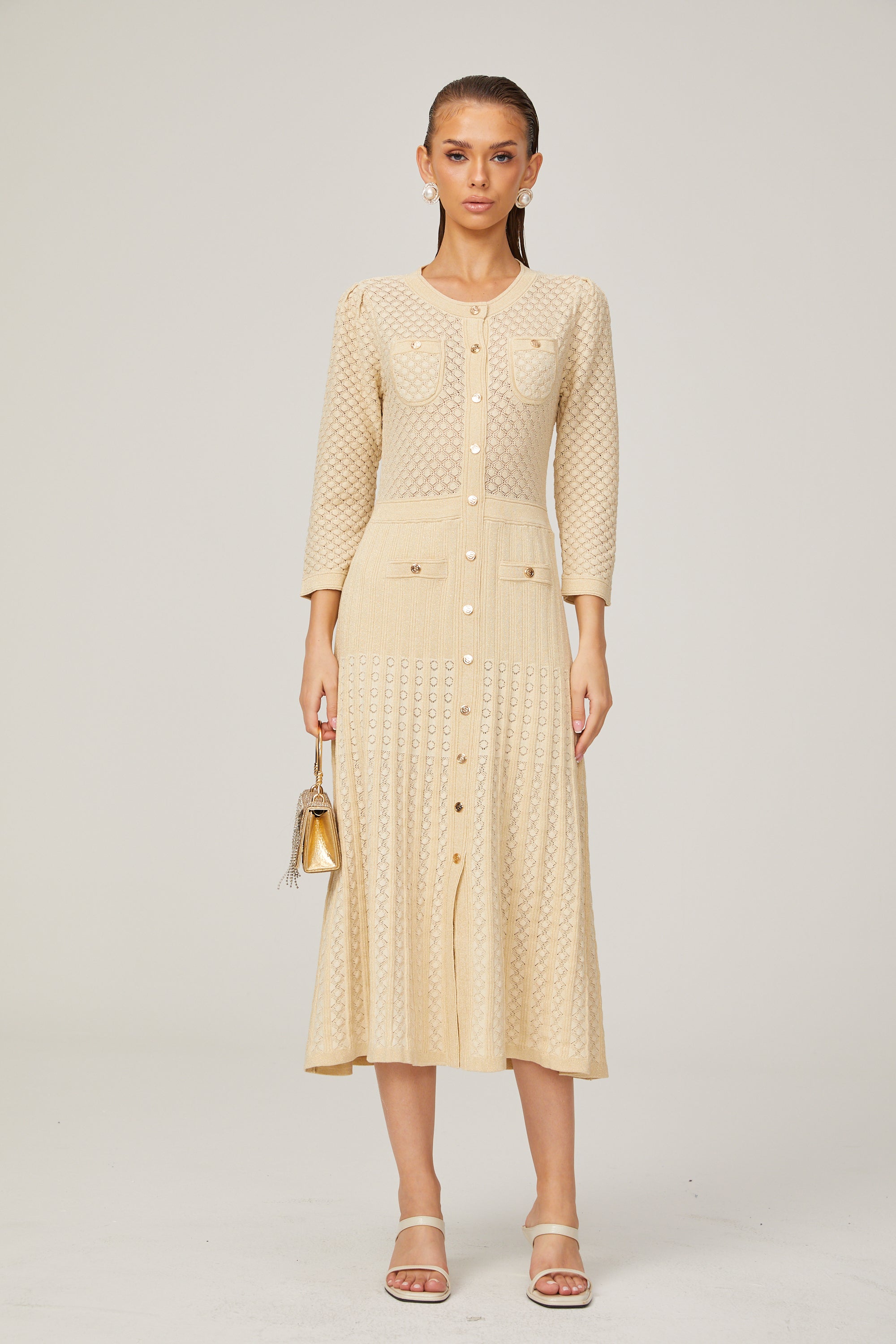 Élodie knitted long-sleeve midi dress in Neutrals