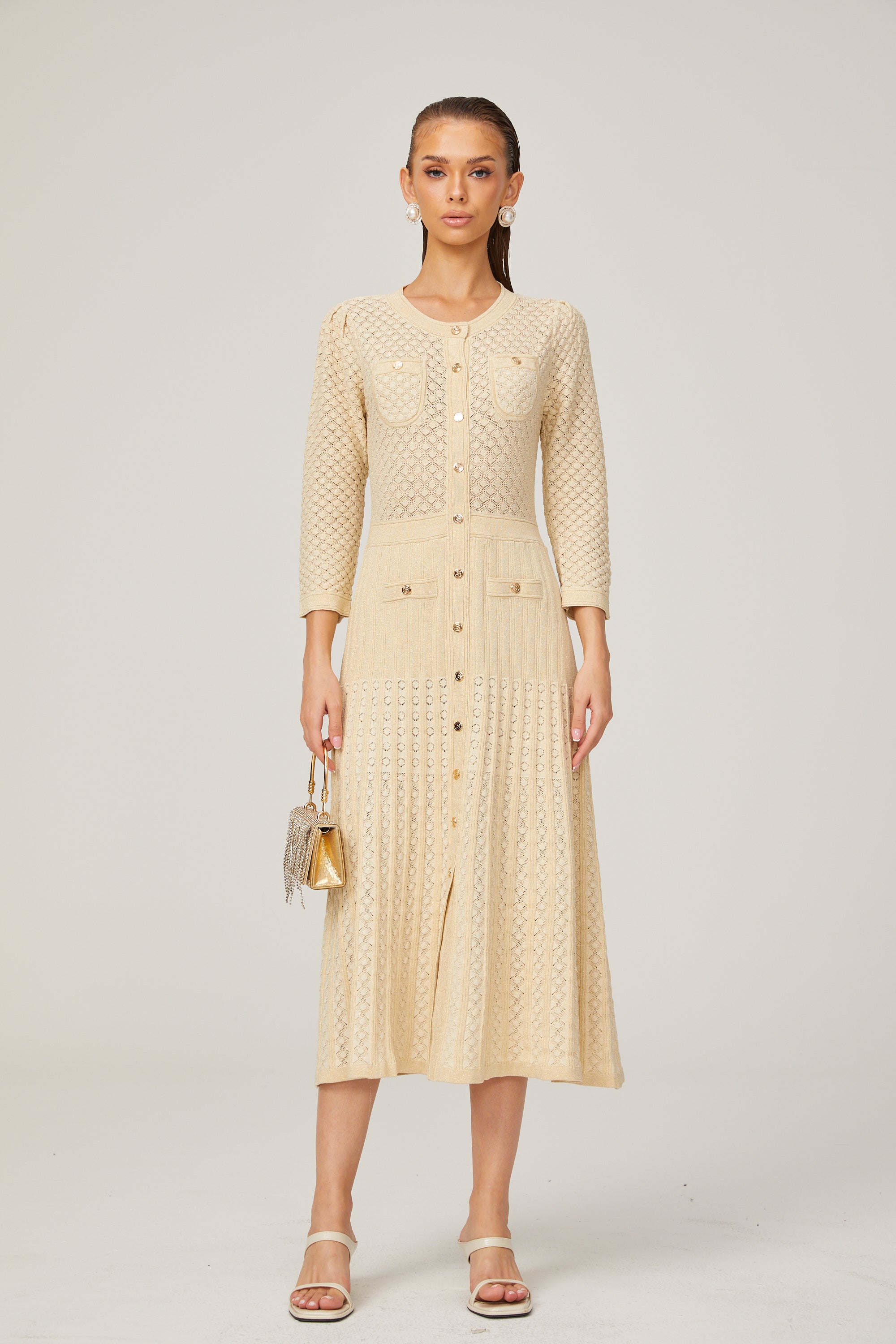 Élodie knitted long-sleeve midi dress in Neutrals