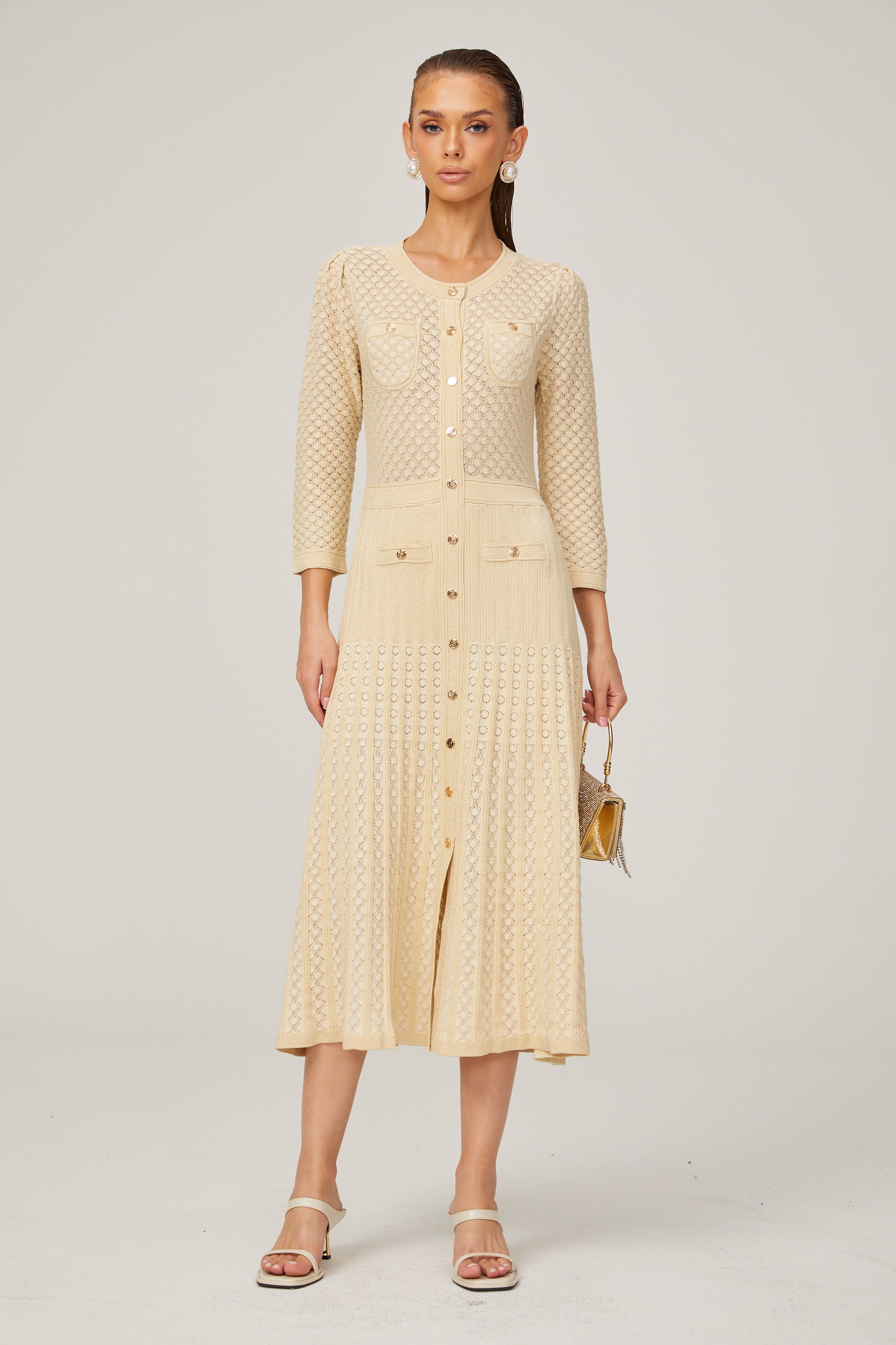 Élodie knitted long-sleeve midi dress in Neutrals