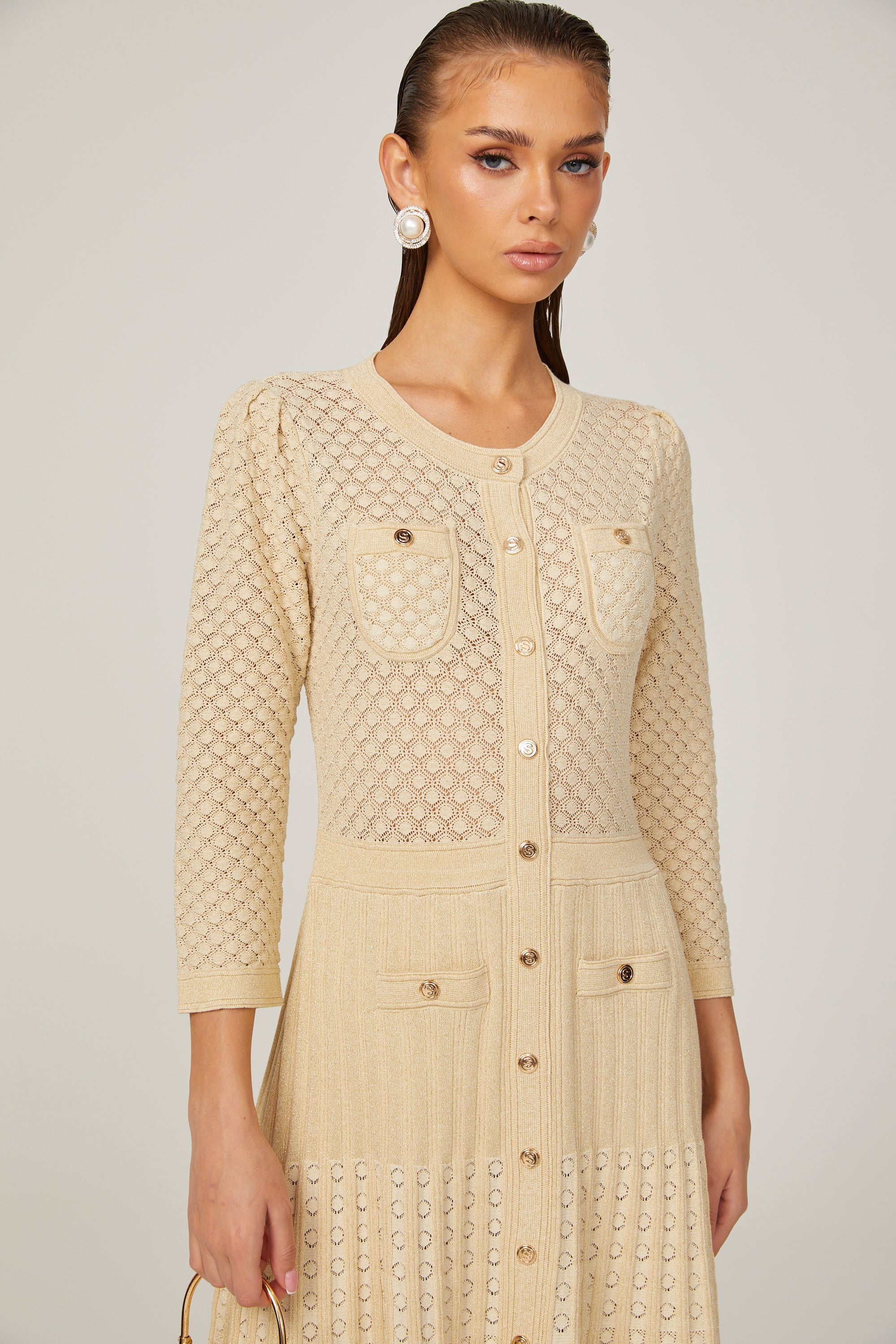 Élodie knitted long-sleeve midi dress in Neutrals