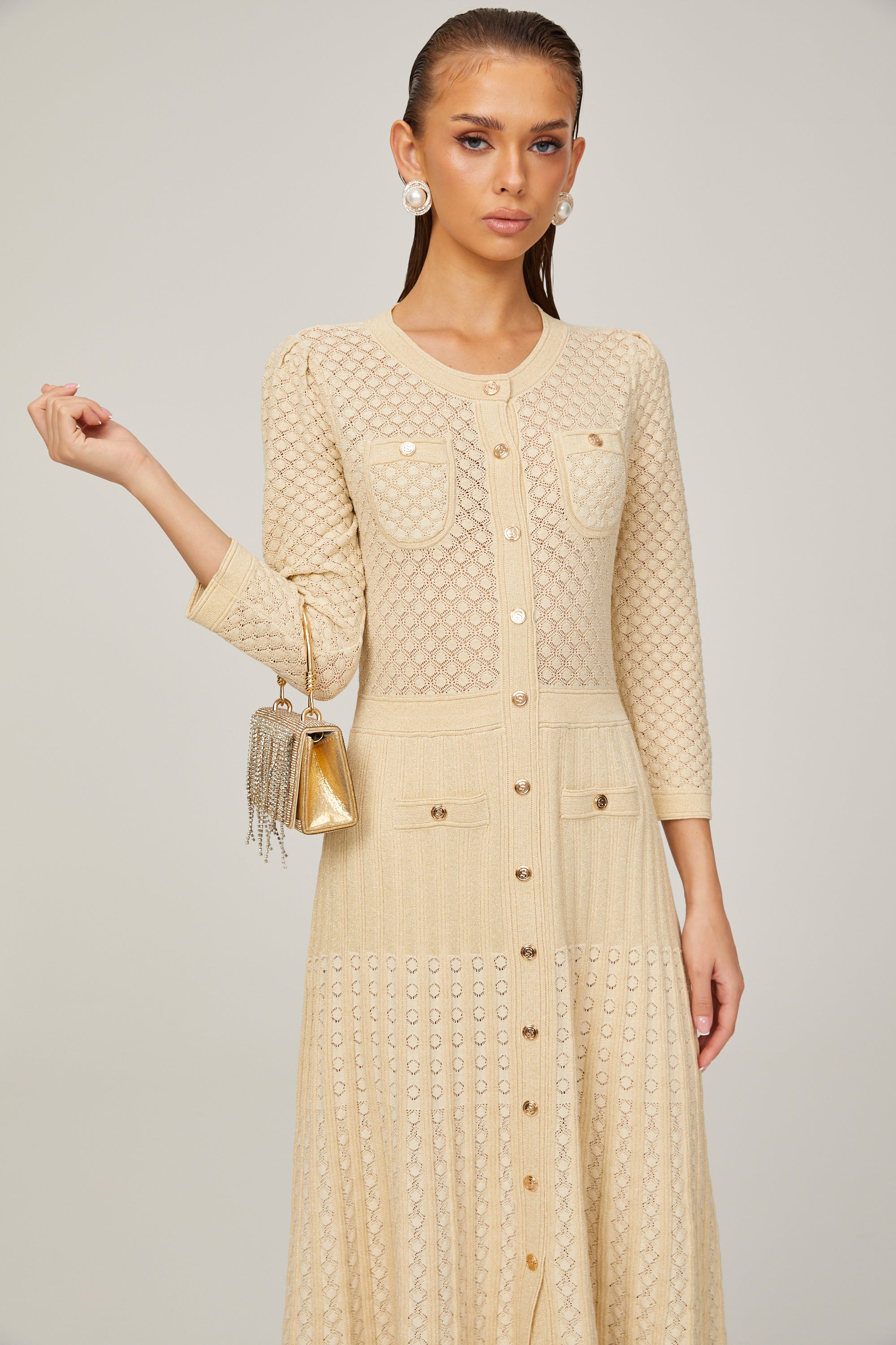 Élodie knitted long-sleeve midi dress in Neutrals