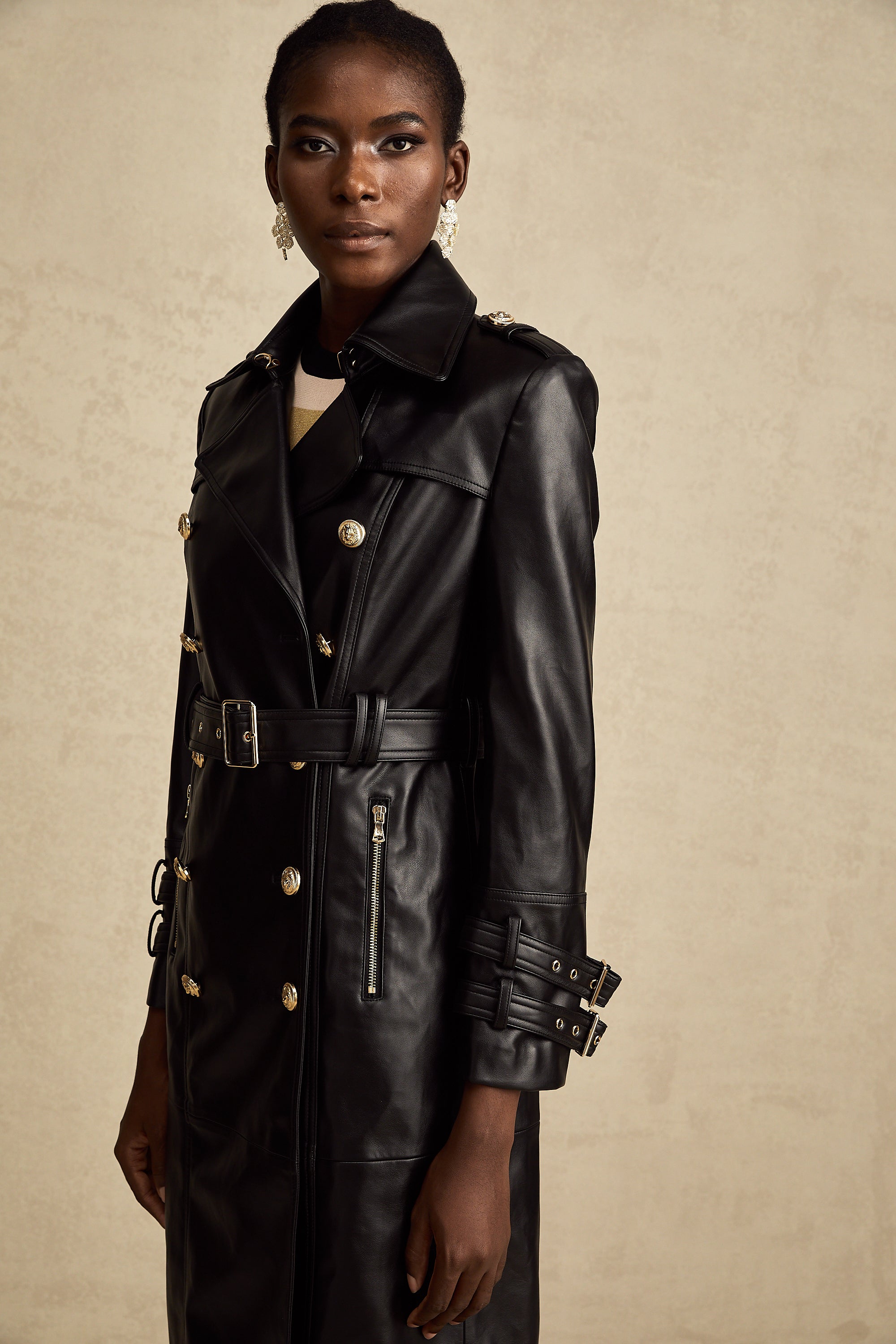 Camille black double-breasted belted leather coat