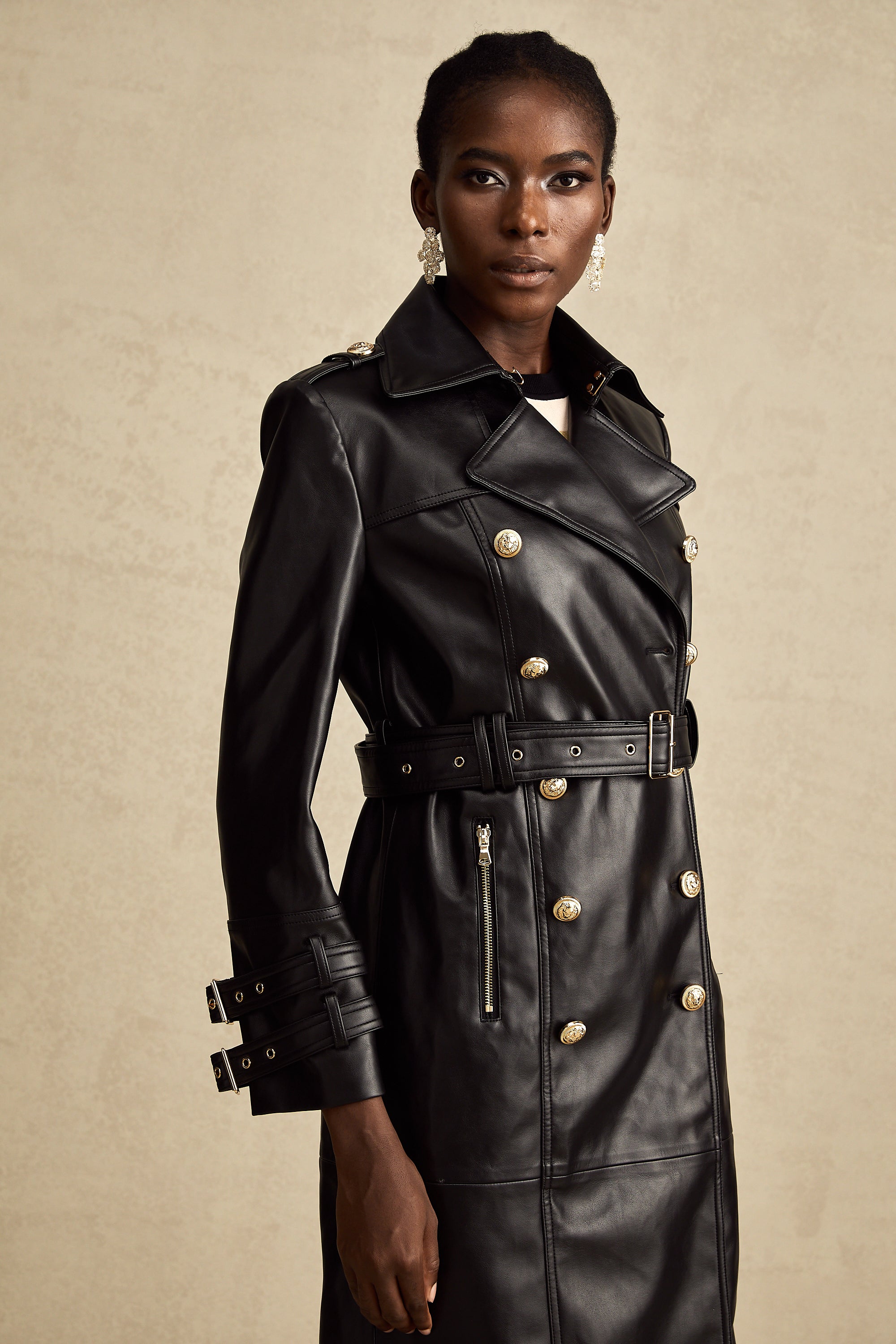 Camille black double-breasted belted leather coat