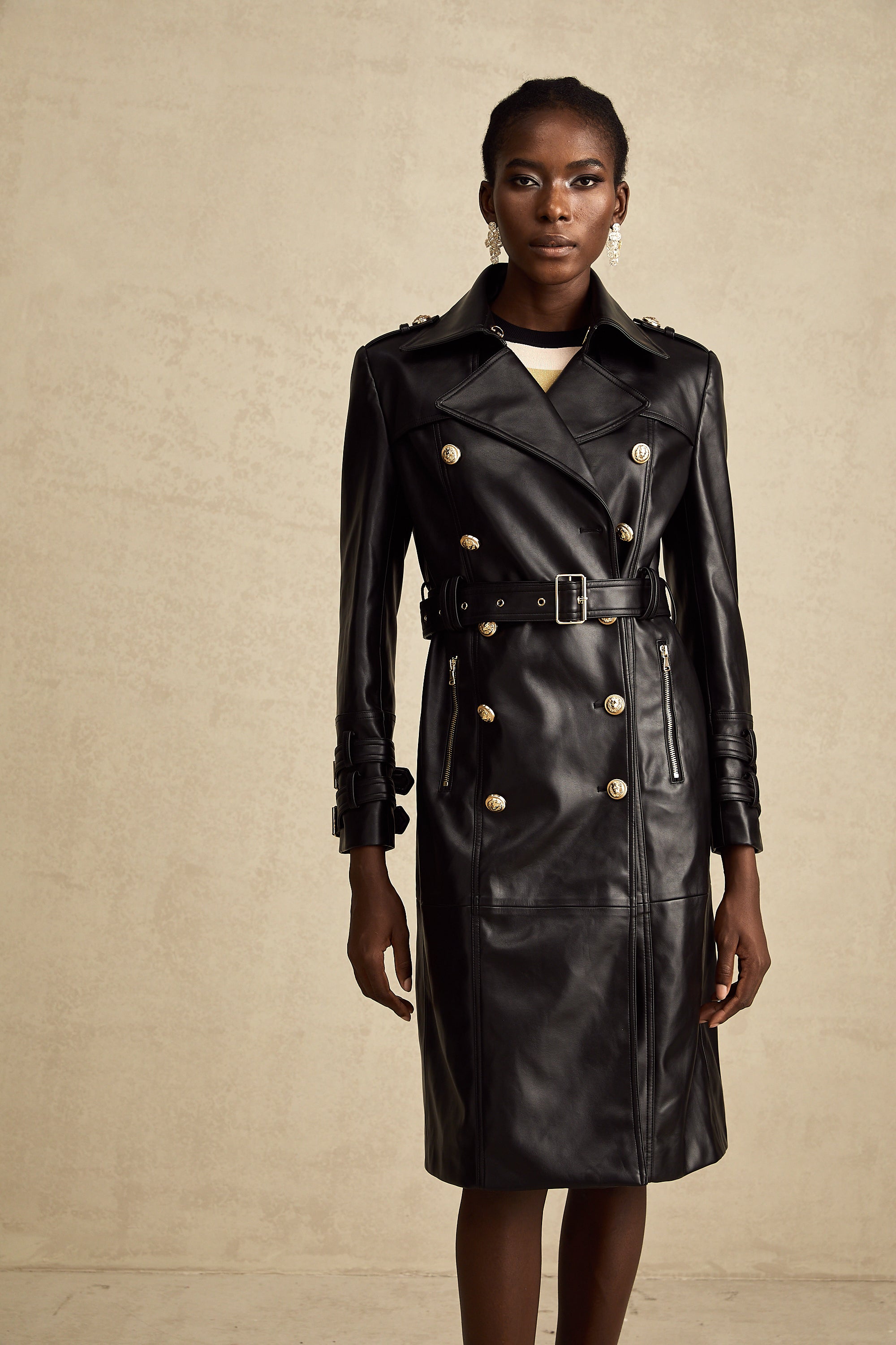 Camille black double-breasted belted leather coat