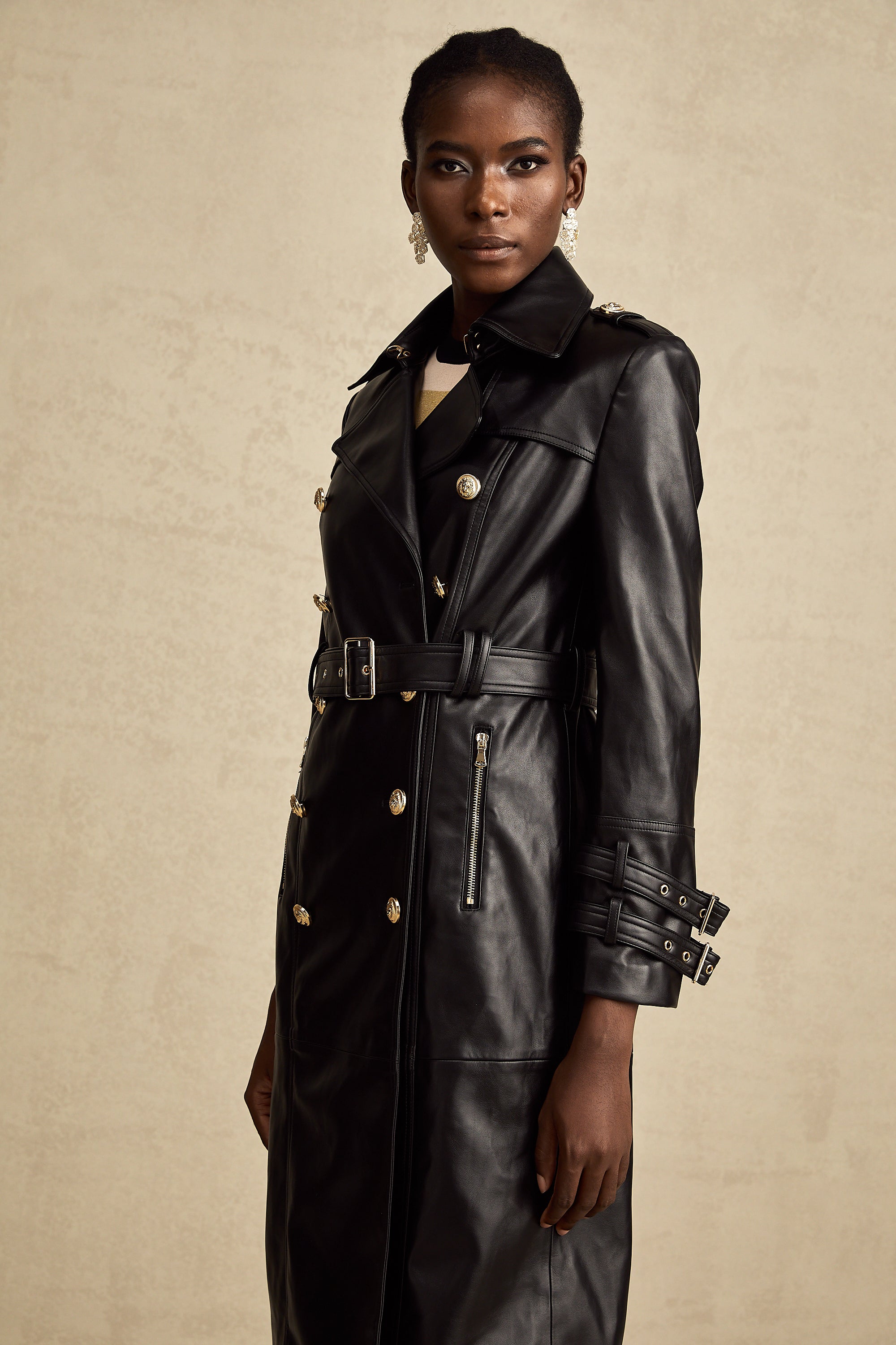 Camille black double-breasted belted leather coat