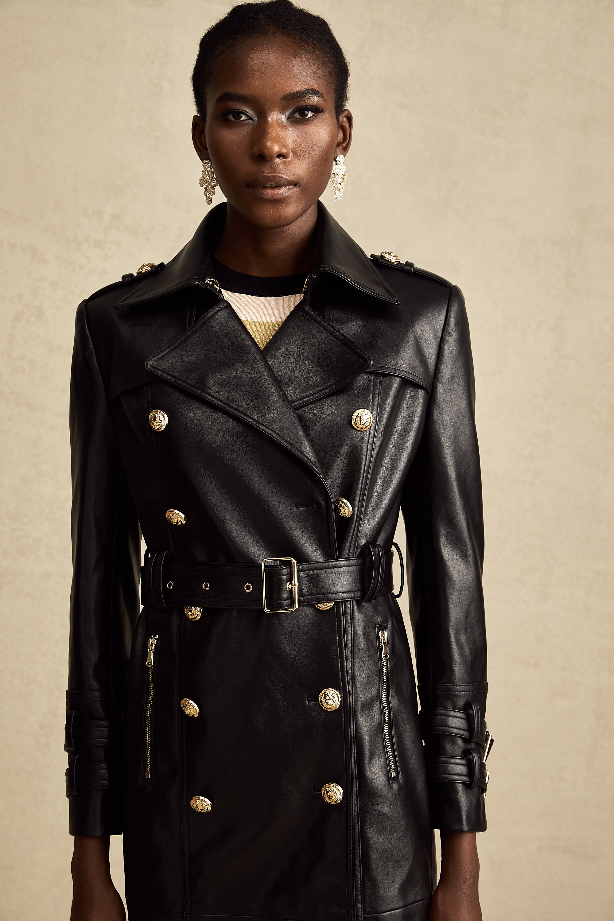 Camille black double-breasted belted leather coat