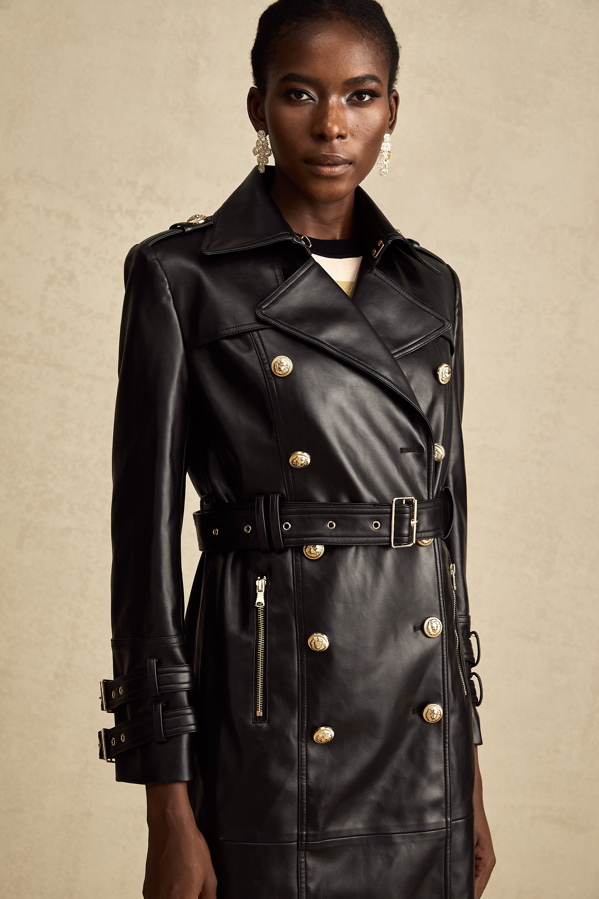 Camille black double-breasted belted leather coat