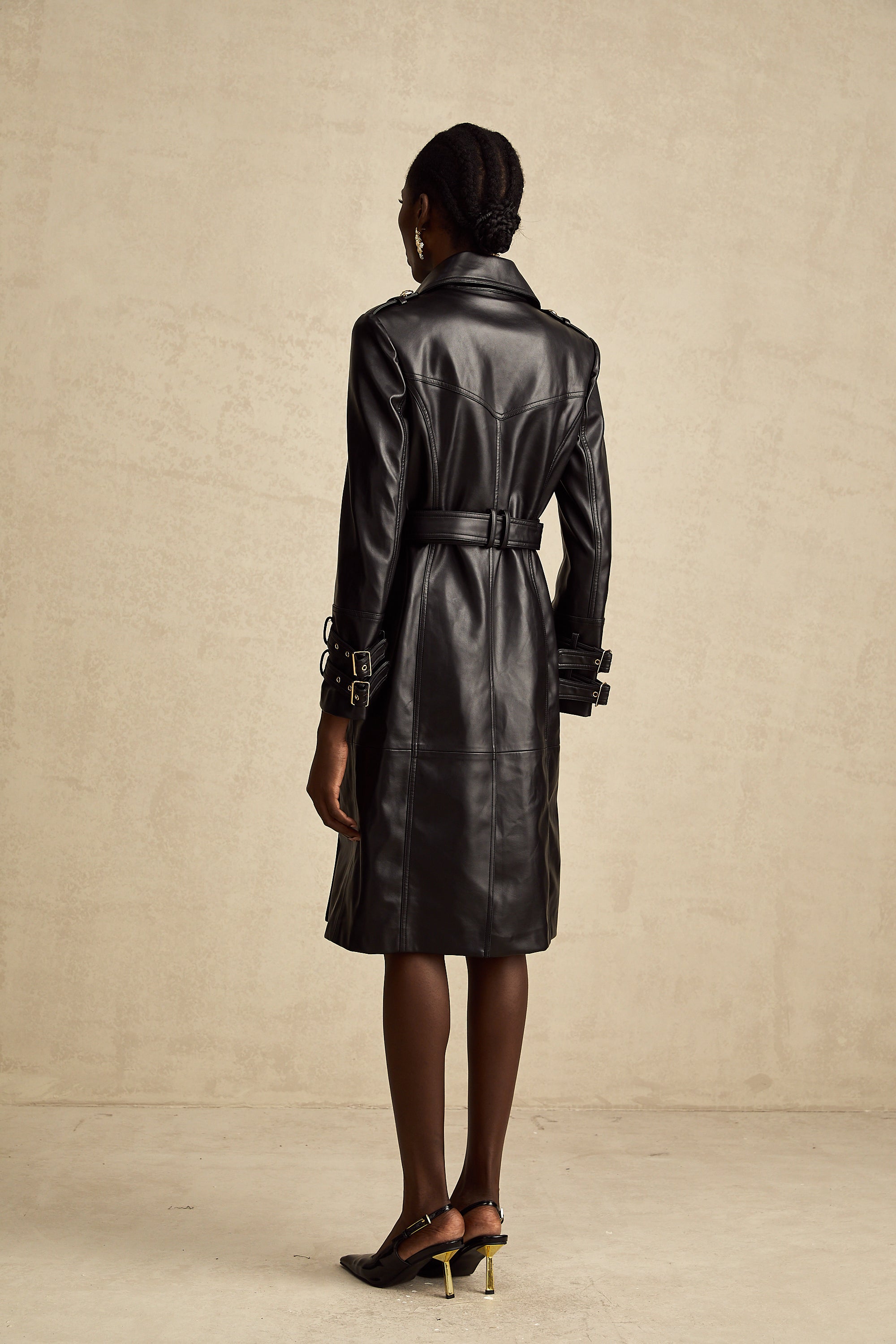 Camille black double-breasted belted leather coat