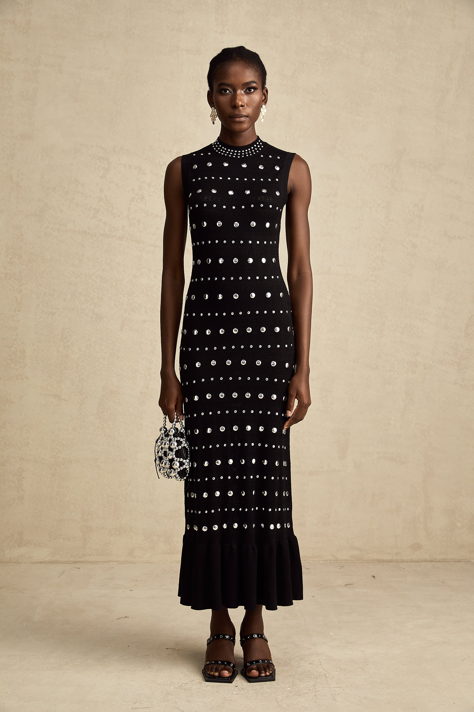 Chloé black studded crochet-knit maxi dress