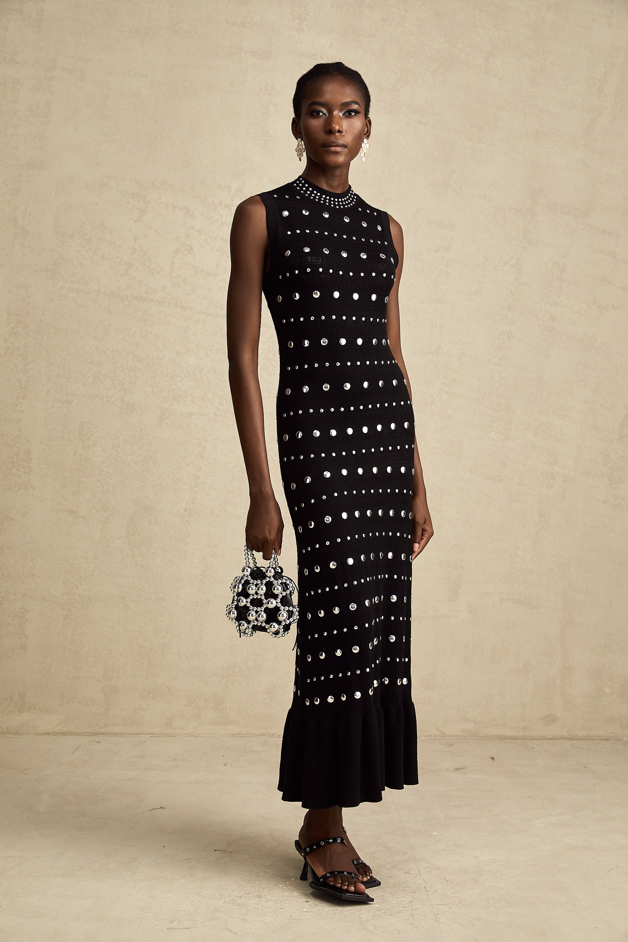 Chloé black studded crochet-knit maxi dress