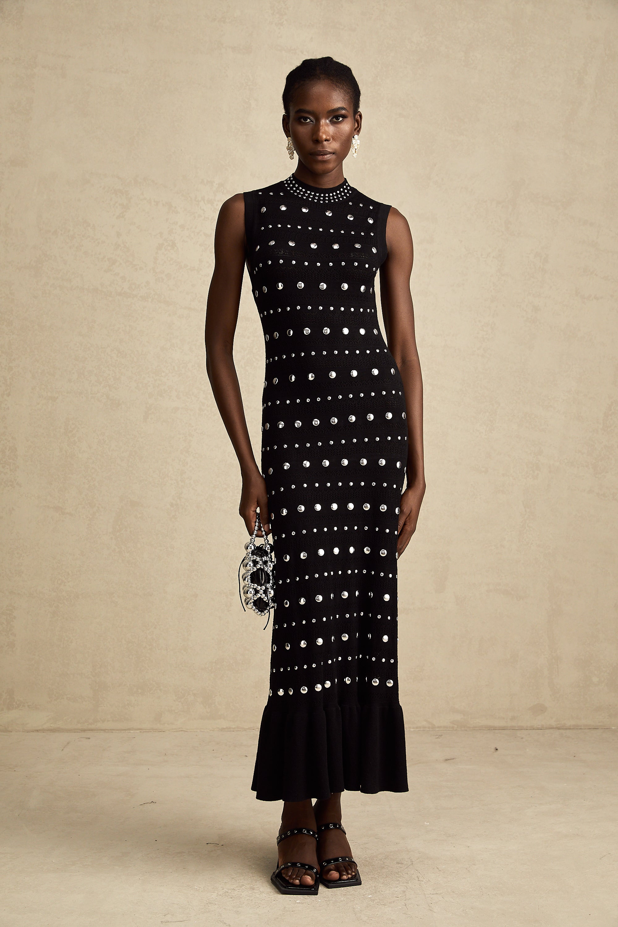 Chloé black studded crochet-knit maxi dress