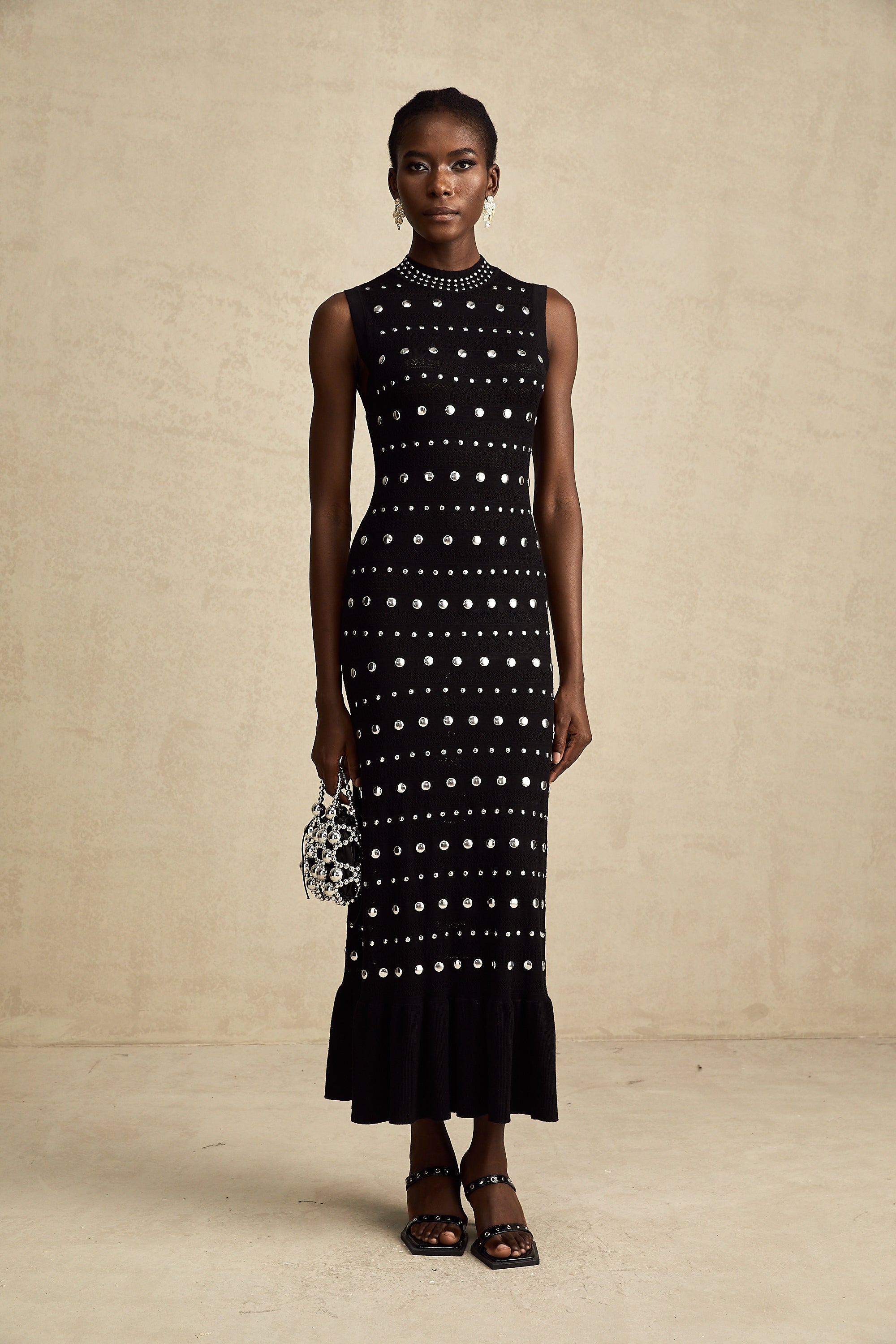 Chloé black studded crochet-knit maxi dress