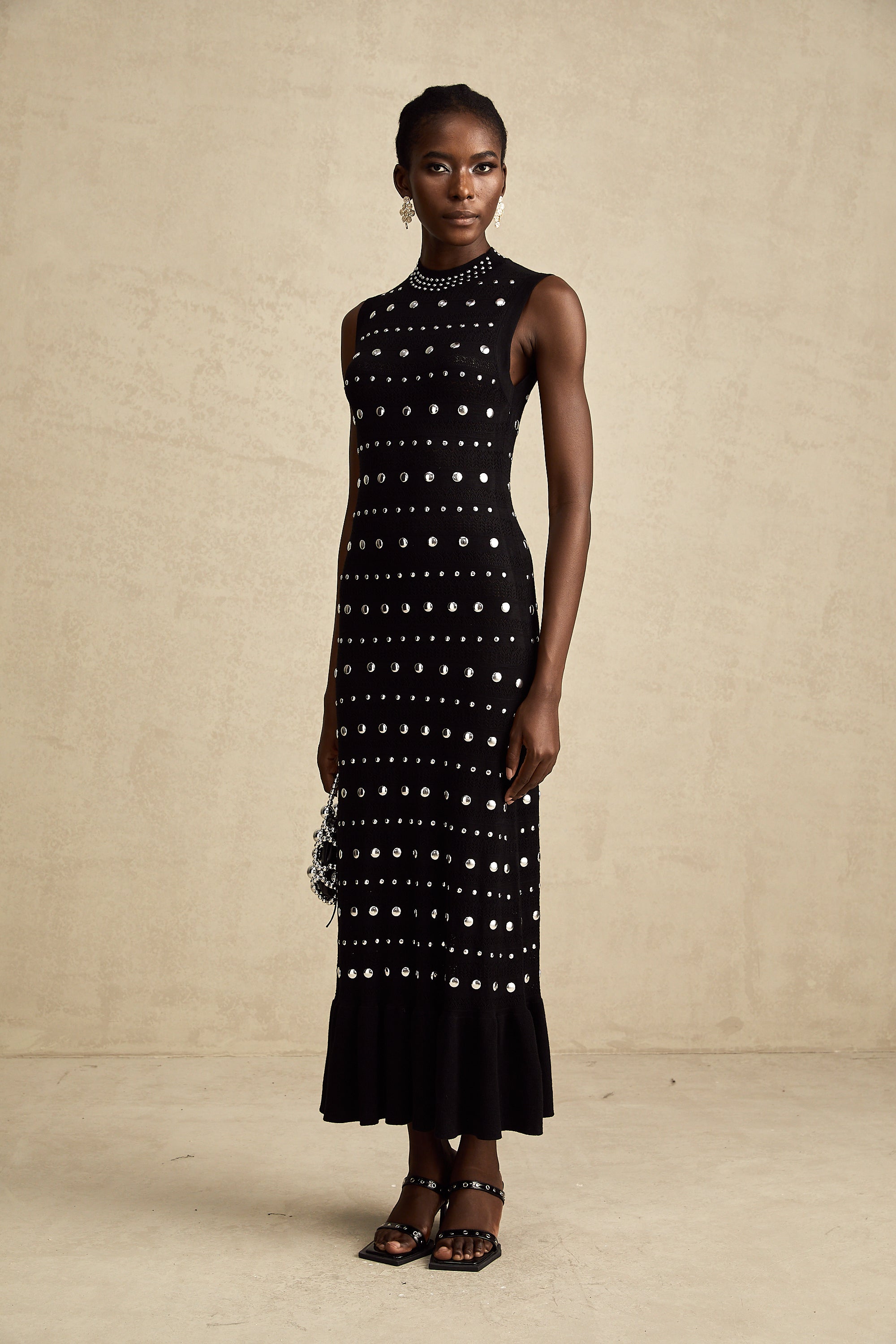 Chloé black studded crochet-knit maxi dress