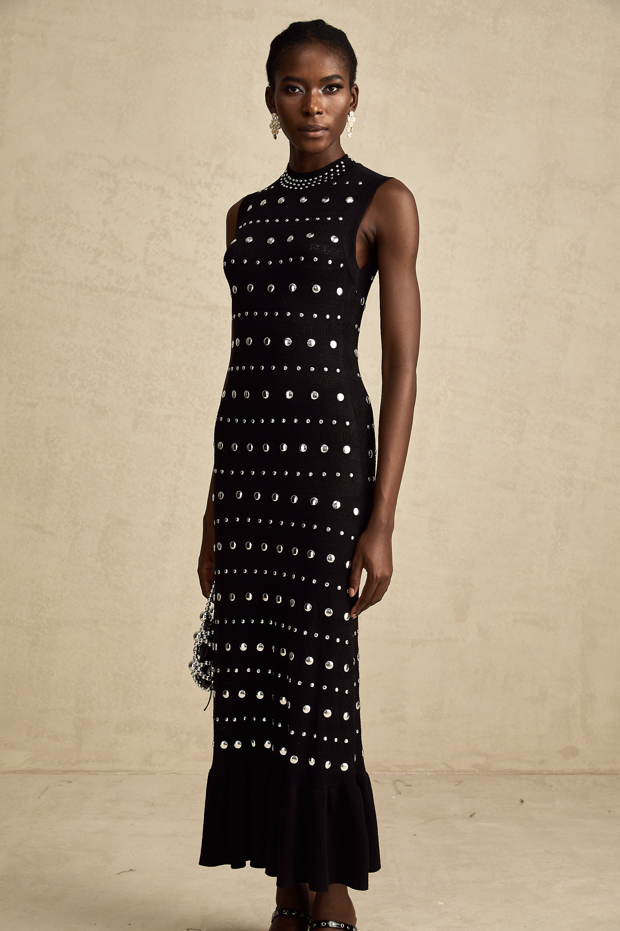 Chloé black studded crochet-knit maxi dress