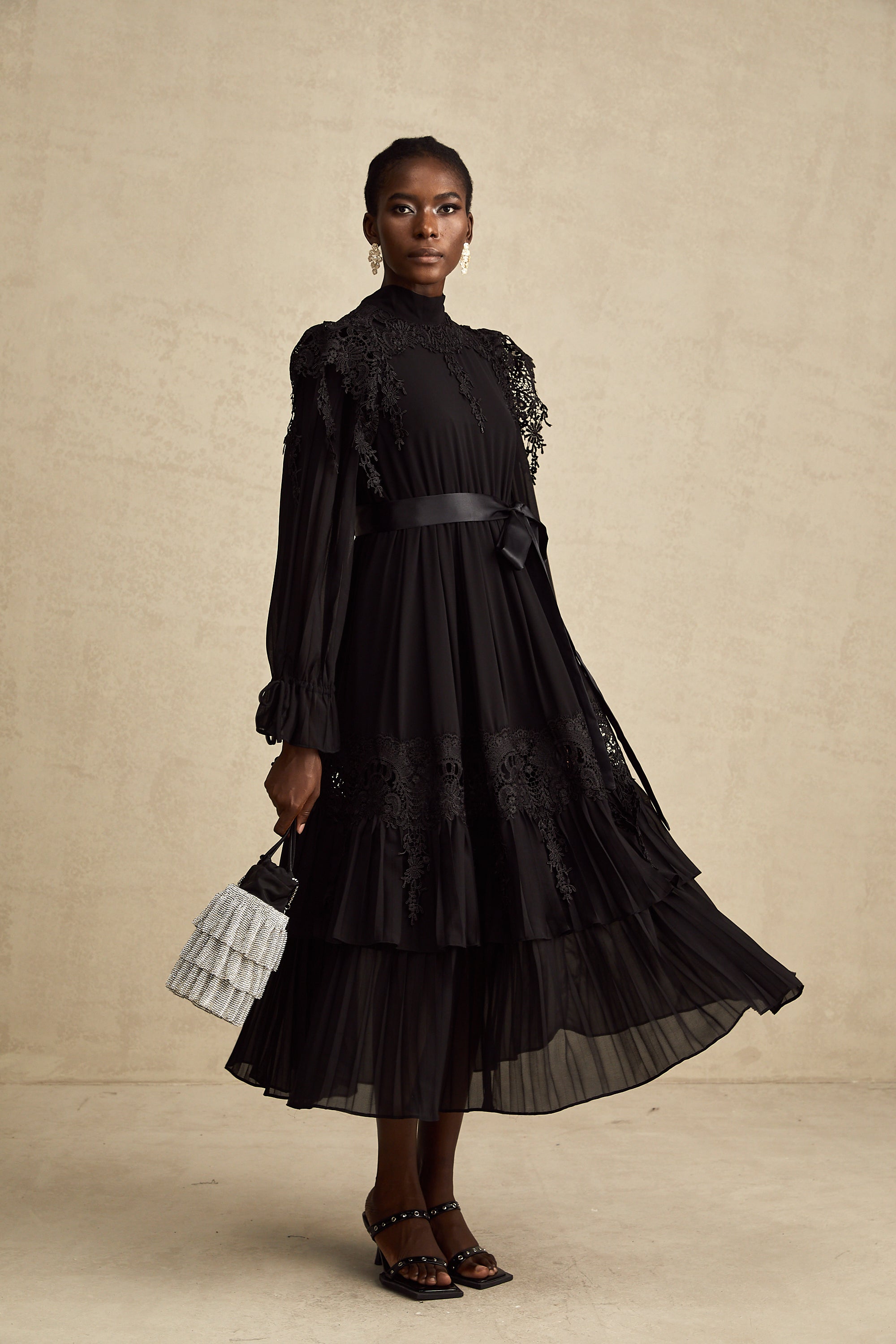 Lucie black guipure-lace ruffled midi dress