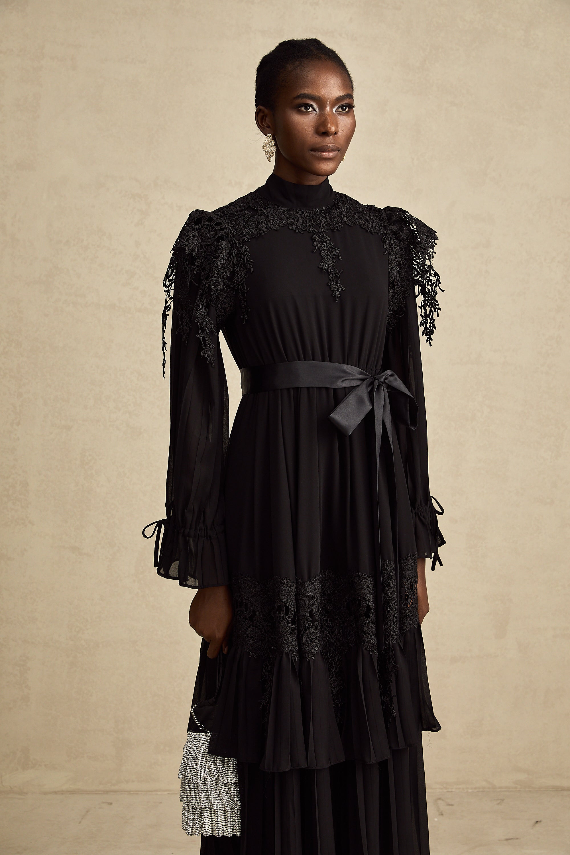 Lucie black guipure-lace ruffled midi dress