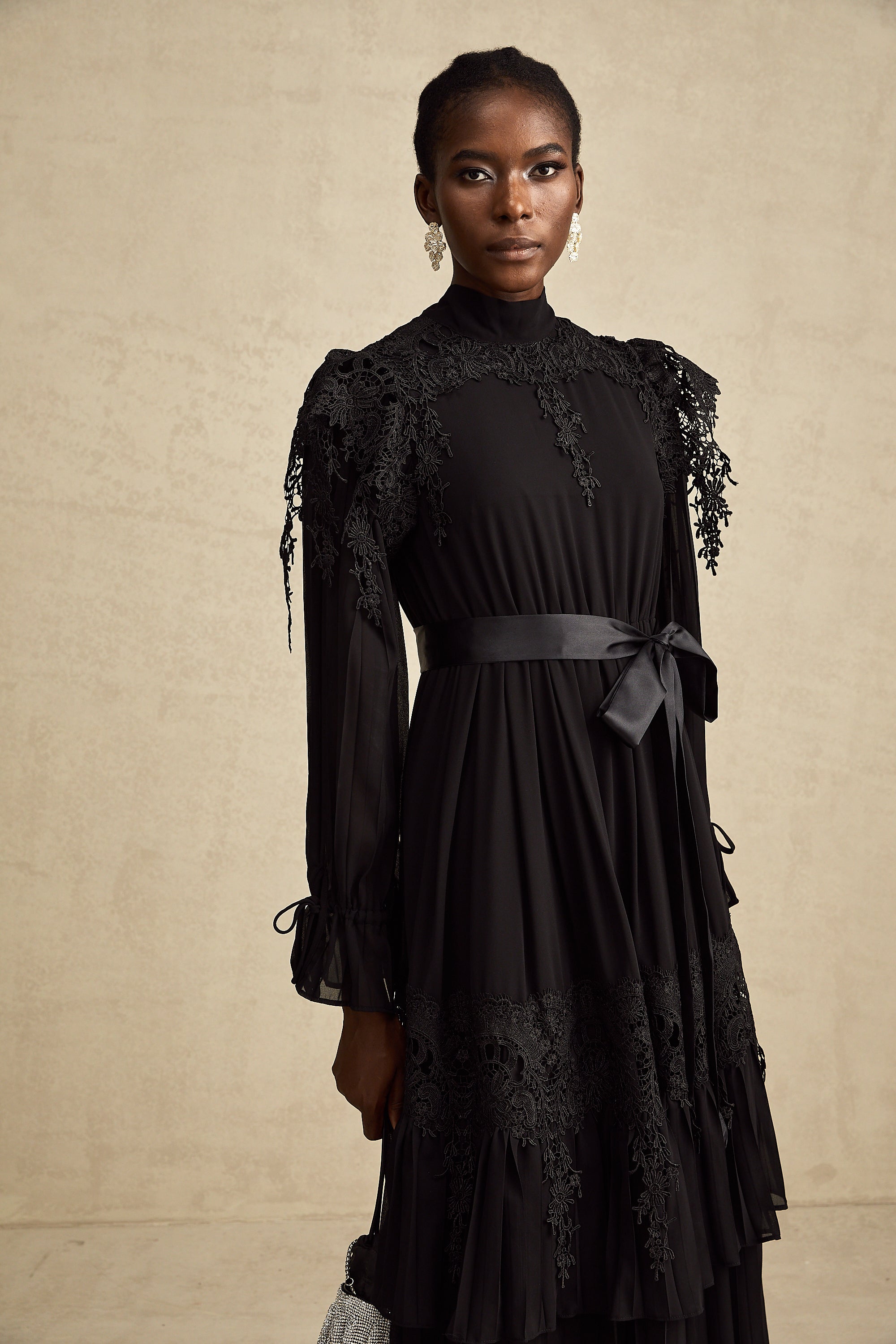 Lucie black guipure-lace ruffled midi dress