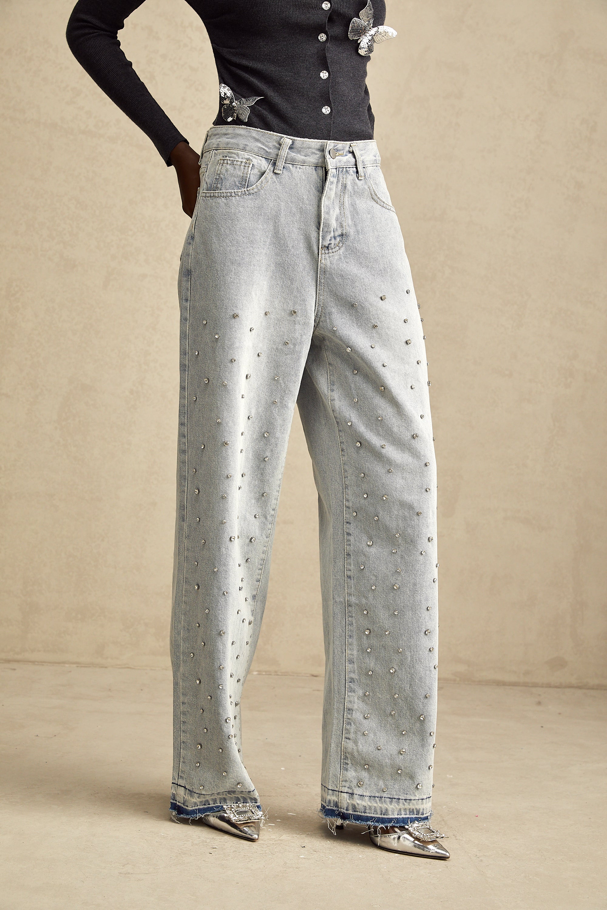 Camille high-rise wide-leg rhinestone-embellished jeans